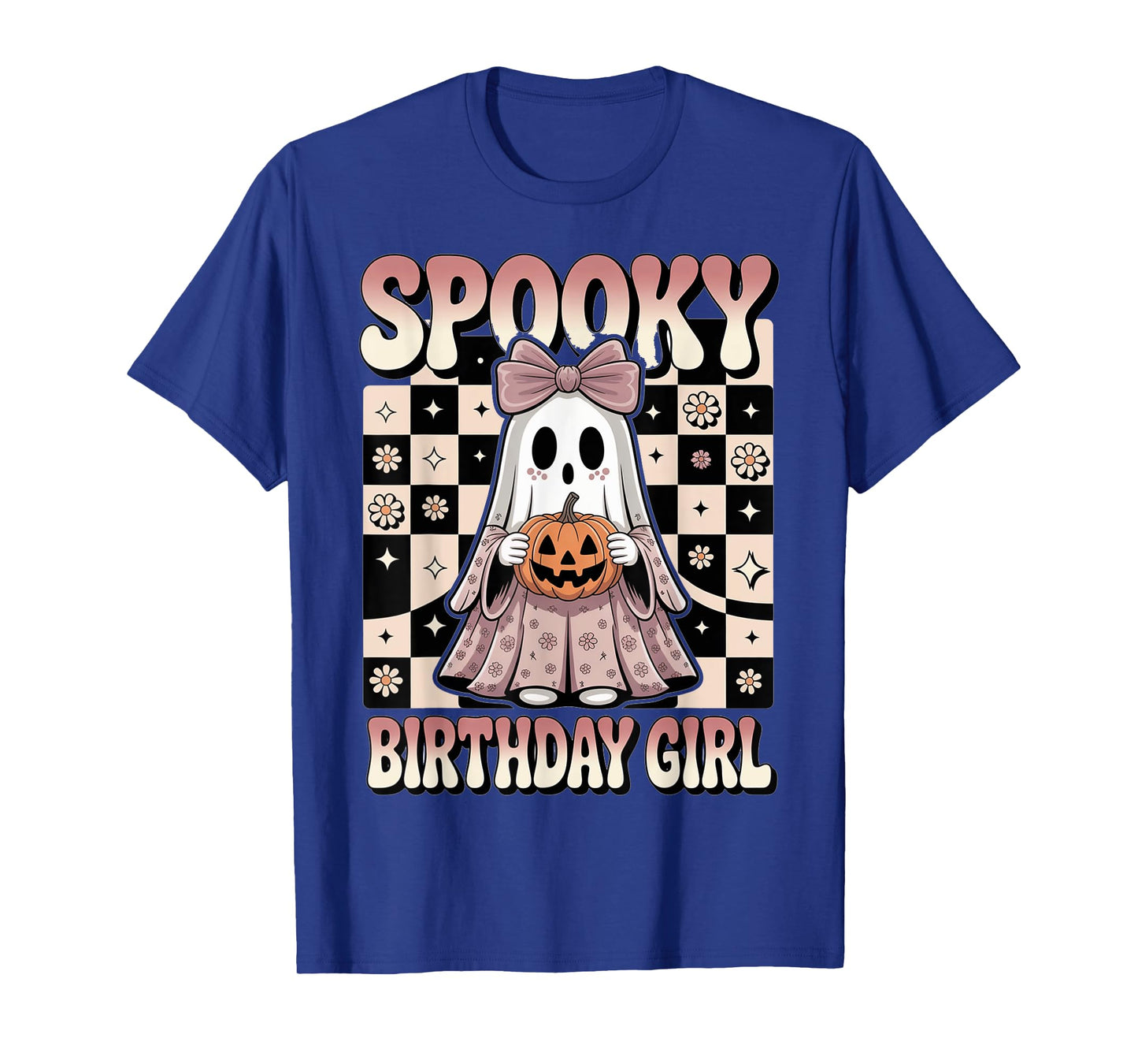 Halloween Birthday Girl Ghost Bow Pumpkin Checkered Spooky T-Shirt