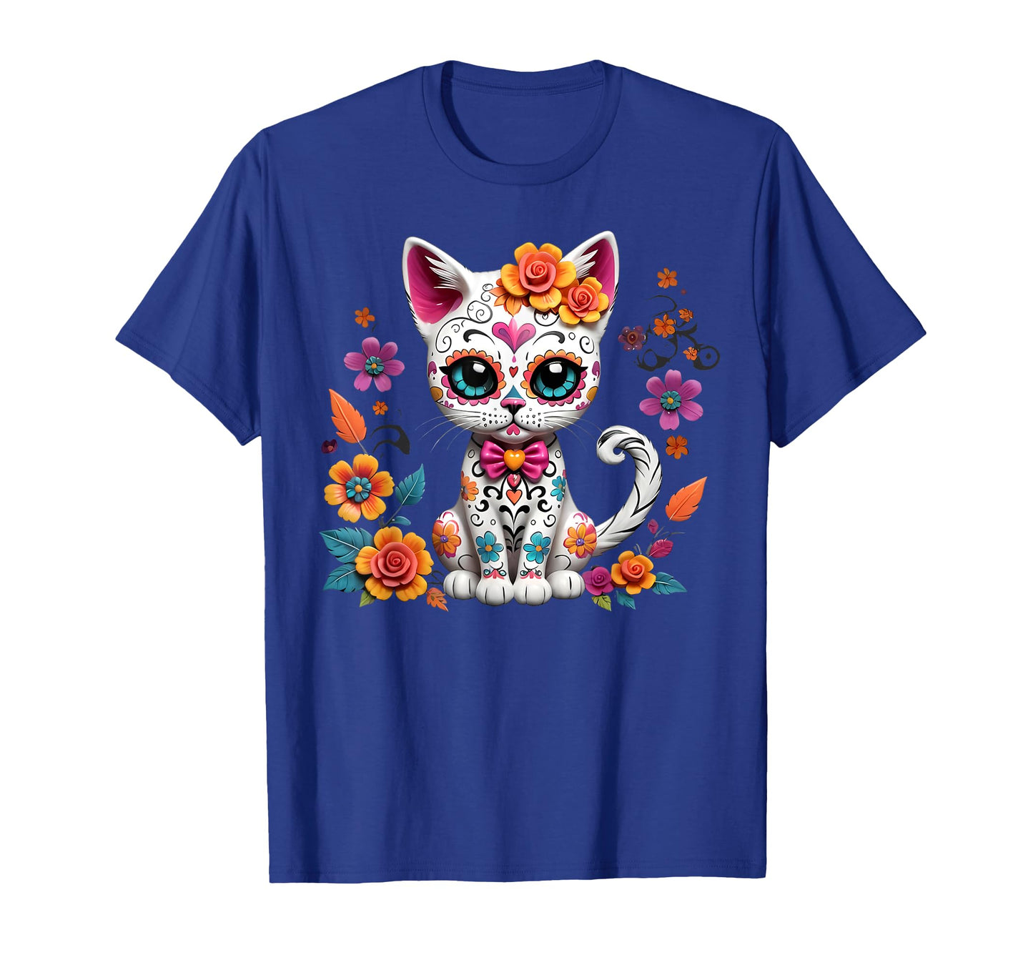 Floral Cat Sugar Skull Day of the Dead Dia de los Muertos T-Shirt for Men Women Kids