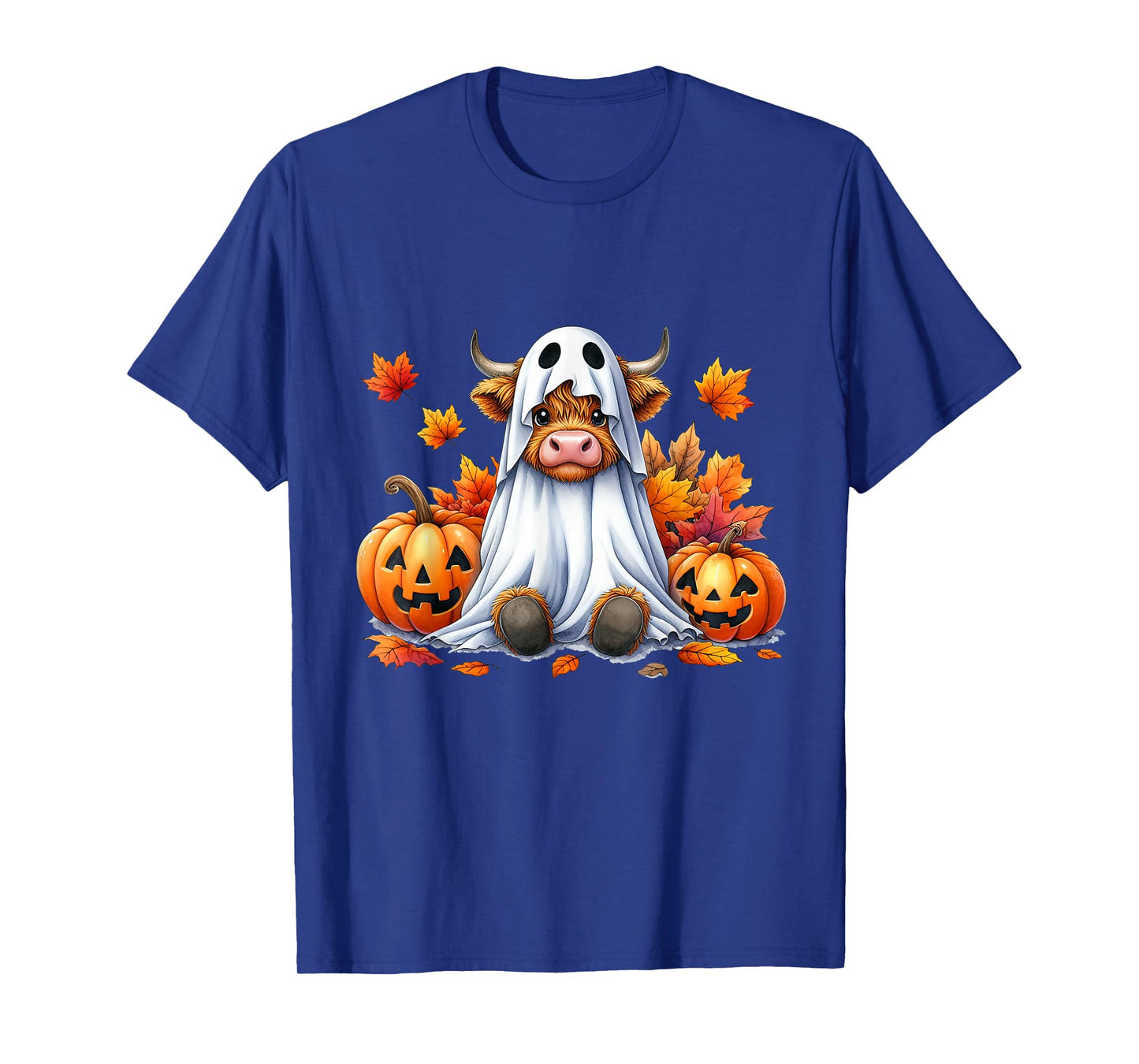 Funny Halloween Highland Cow Ghost Spooky Pumpkin Hello Fall T-Shirt