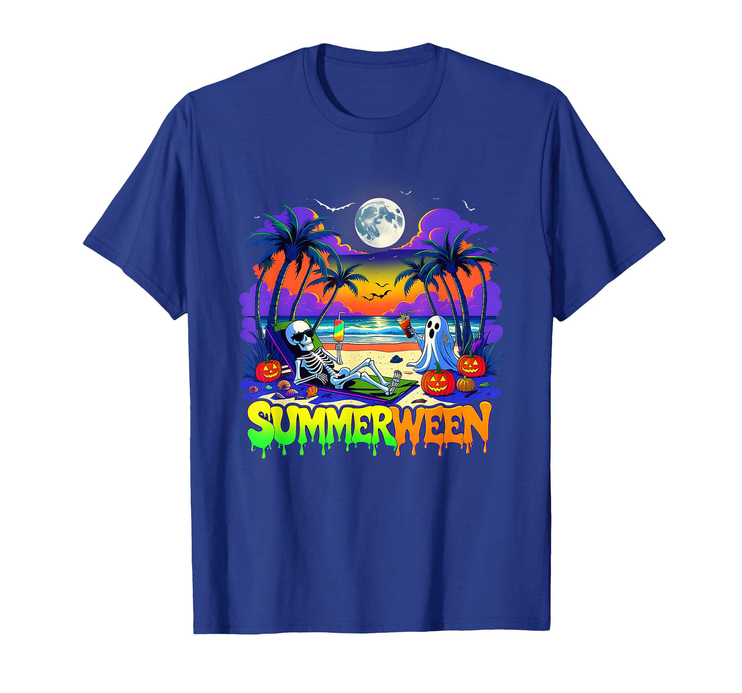 Summerween Skeleton Ghost Beach Funny Spooky Halloween T-Shirt