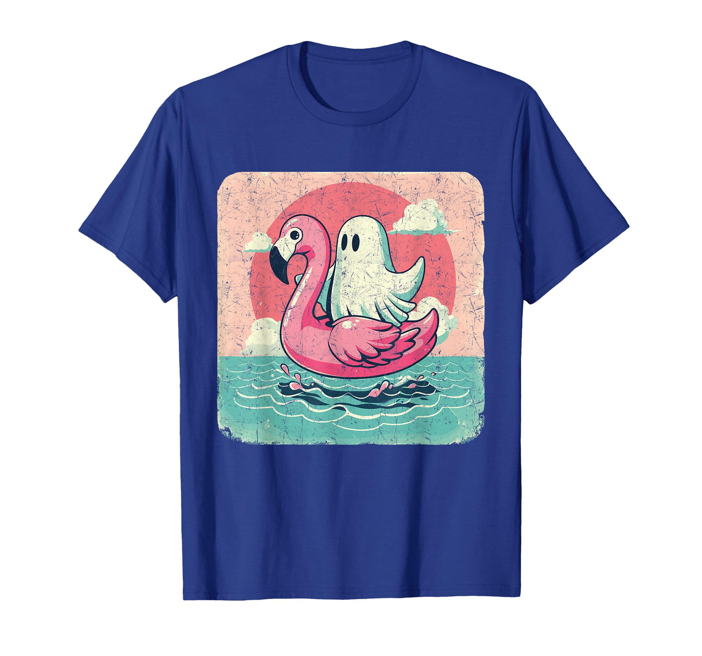 Funny Pool Vintage Ghost On A Pink Flamingo Summer Halloween Men Women T-Shirt