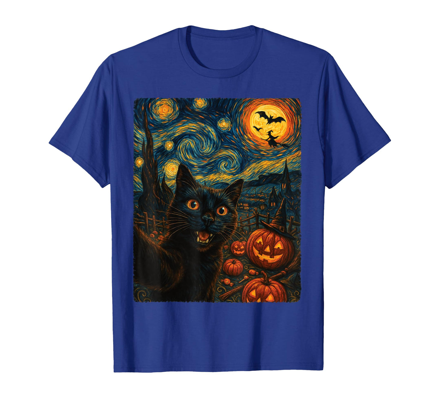 Halloween Black Cat Selfie Cat Lovers Van Gogh Starry Night Men Women Kids T-Shirt