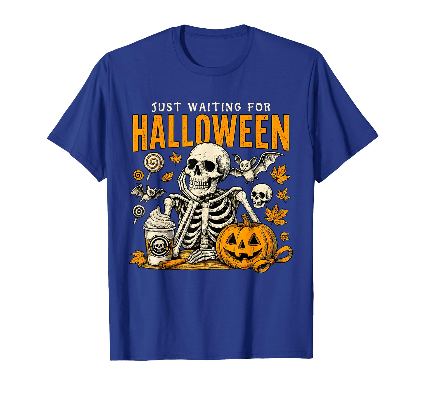 Just Waiting For Halloween Skeleton Spooky Season Pumpkin T-Shirt