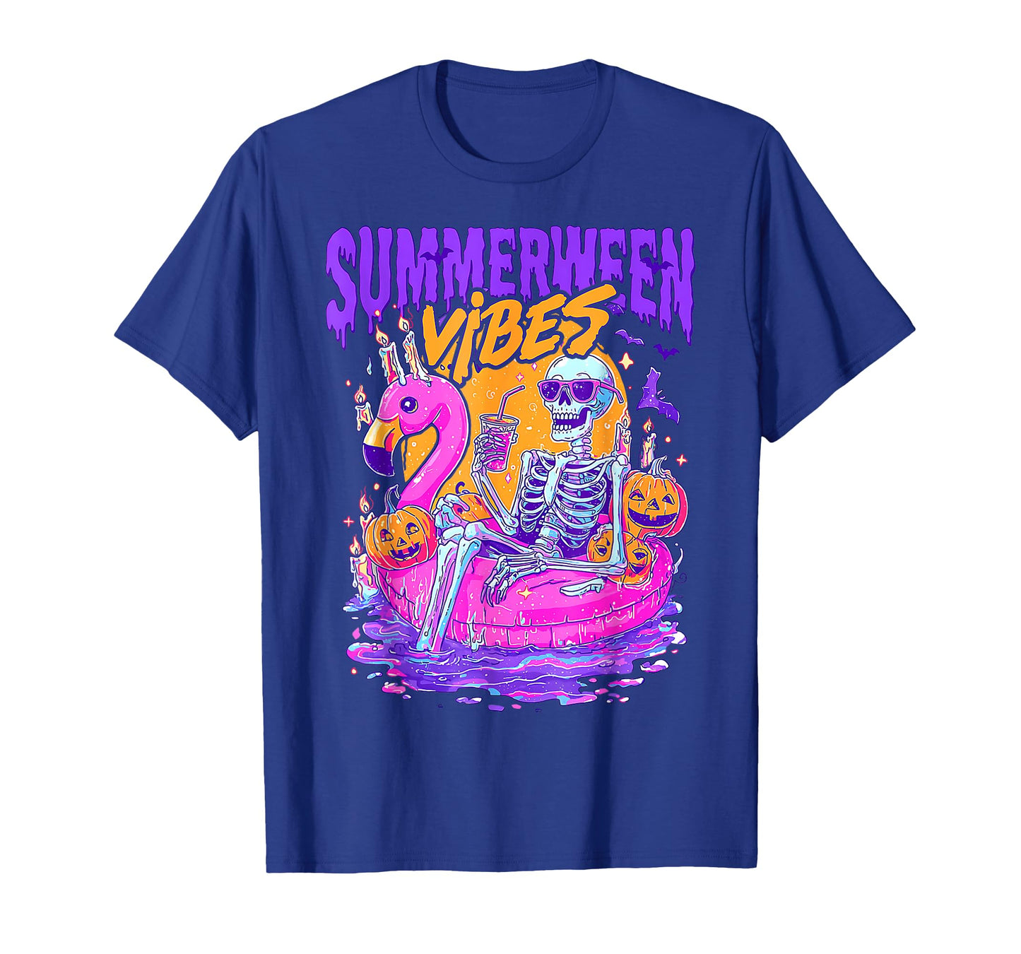 Summerween Vibes Spooky Skeleton Flamingo Pool Halloween T-Shirt