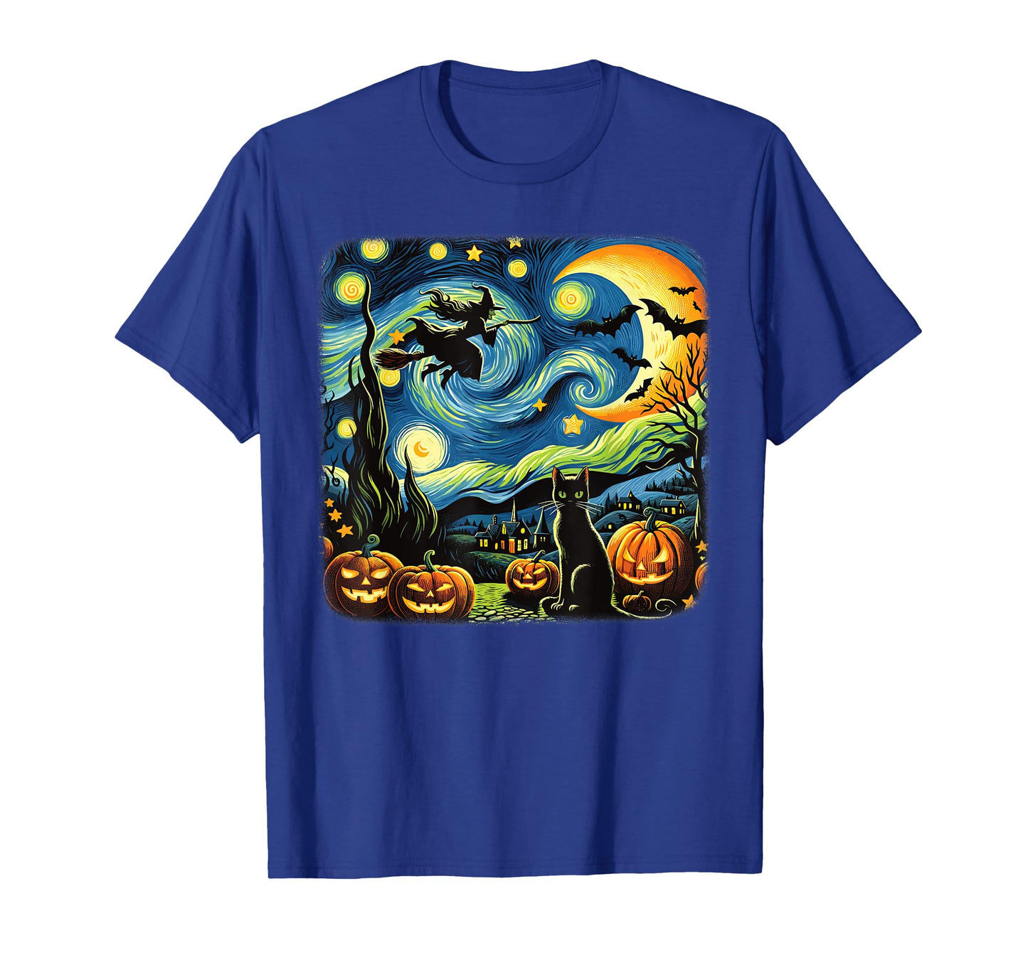 Halloween Witch Van Gogh Starry Night Black Cat Pumpkin Bats T-Shirt