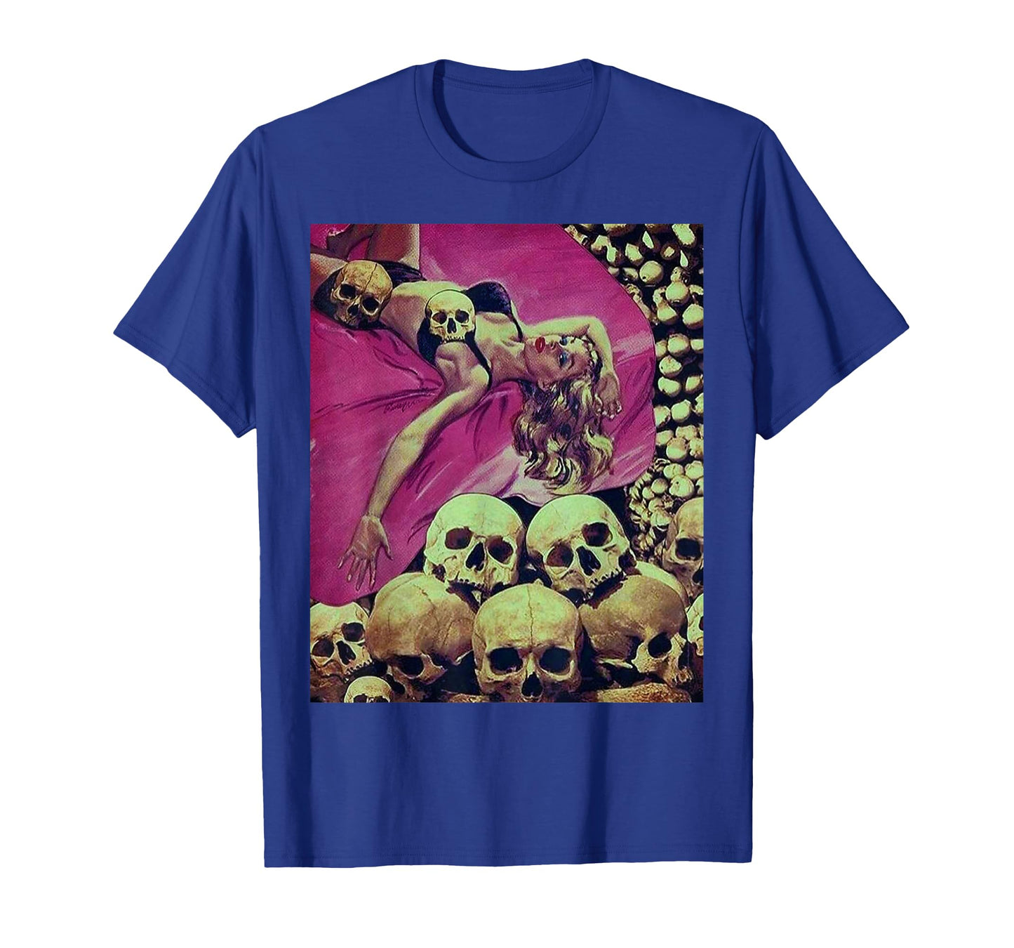 Pin Up Girl in a Bed of Skulls Sci Fi Sexy Horror Comic Book T-Shirt