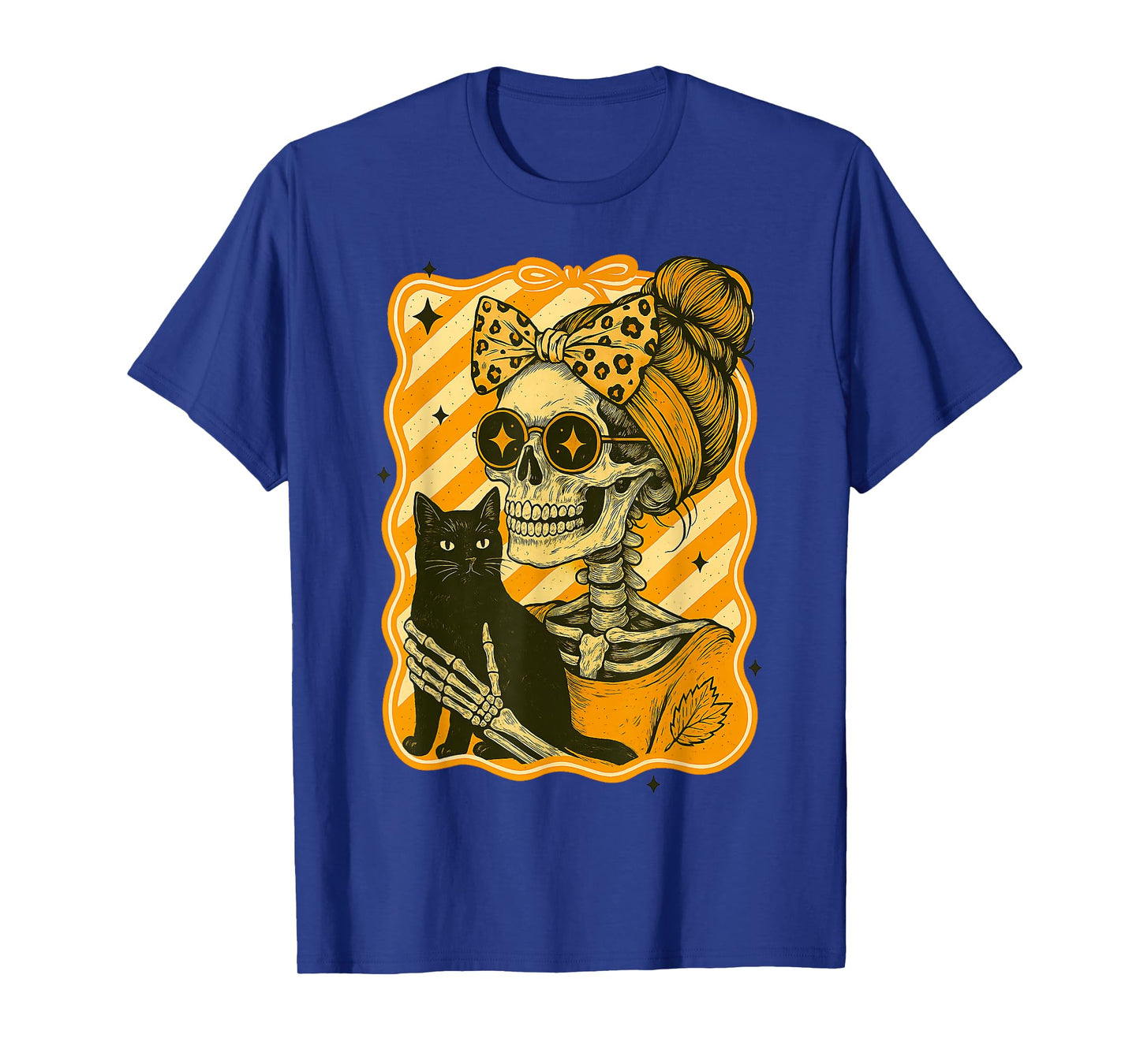 HUGvyn Halloween: Skeleton Hugging Cat Skull Fall Bow Womens T-Shirt