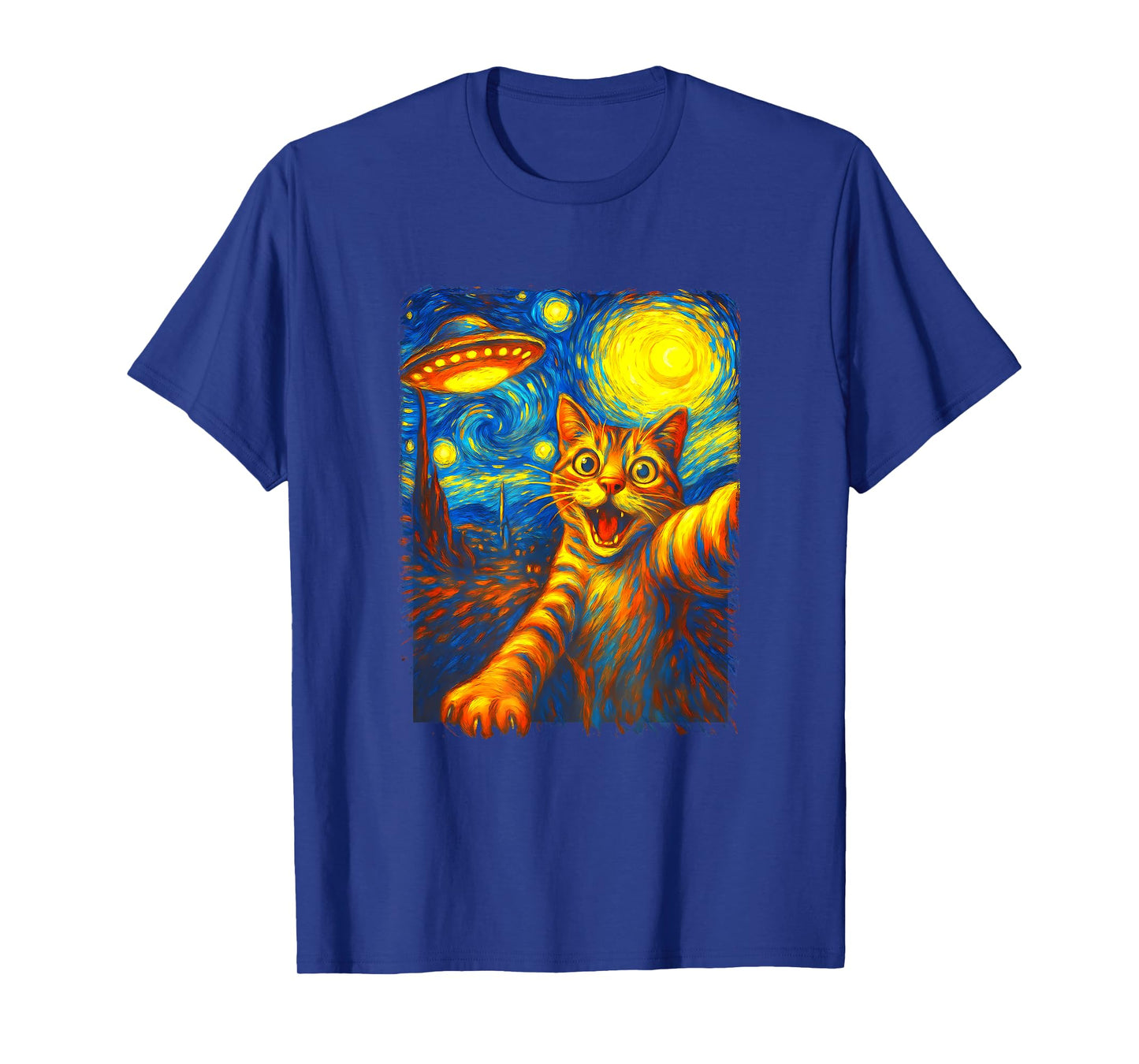 Cat Selfie With Alien UFO Funny Starry Night Van Gogh T-Shirt for Men Women Kids