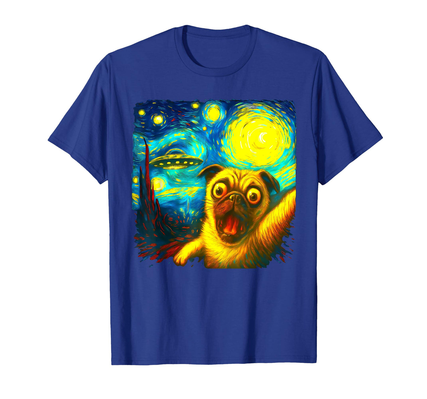 Pug Selfie With Alien UFO Funny Starry Night Van Gogh T-Shirt