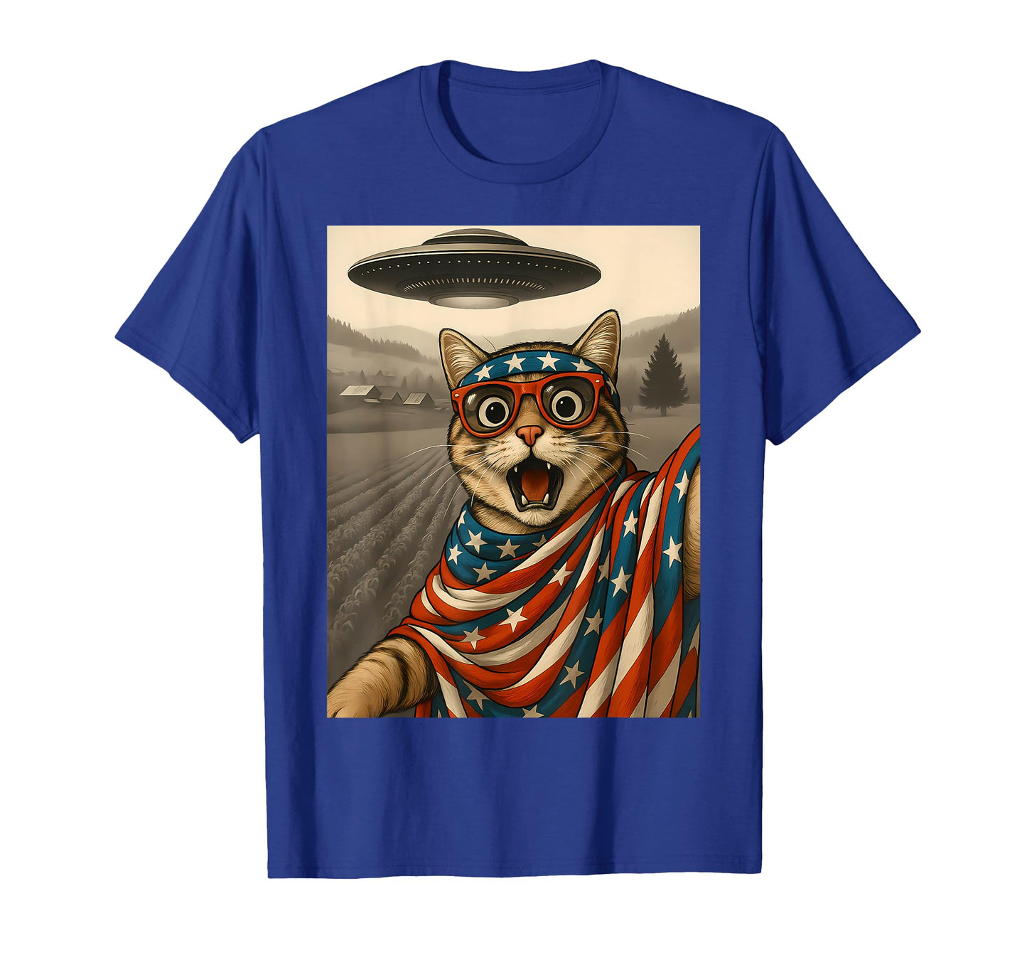 Cat Selfie With Alien UFO Funny 4th Of July Happy Patriotic Men Women Kids T-Shirt