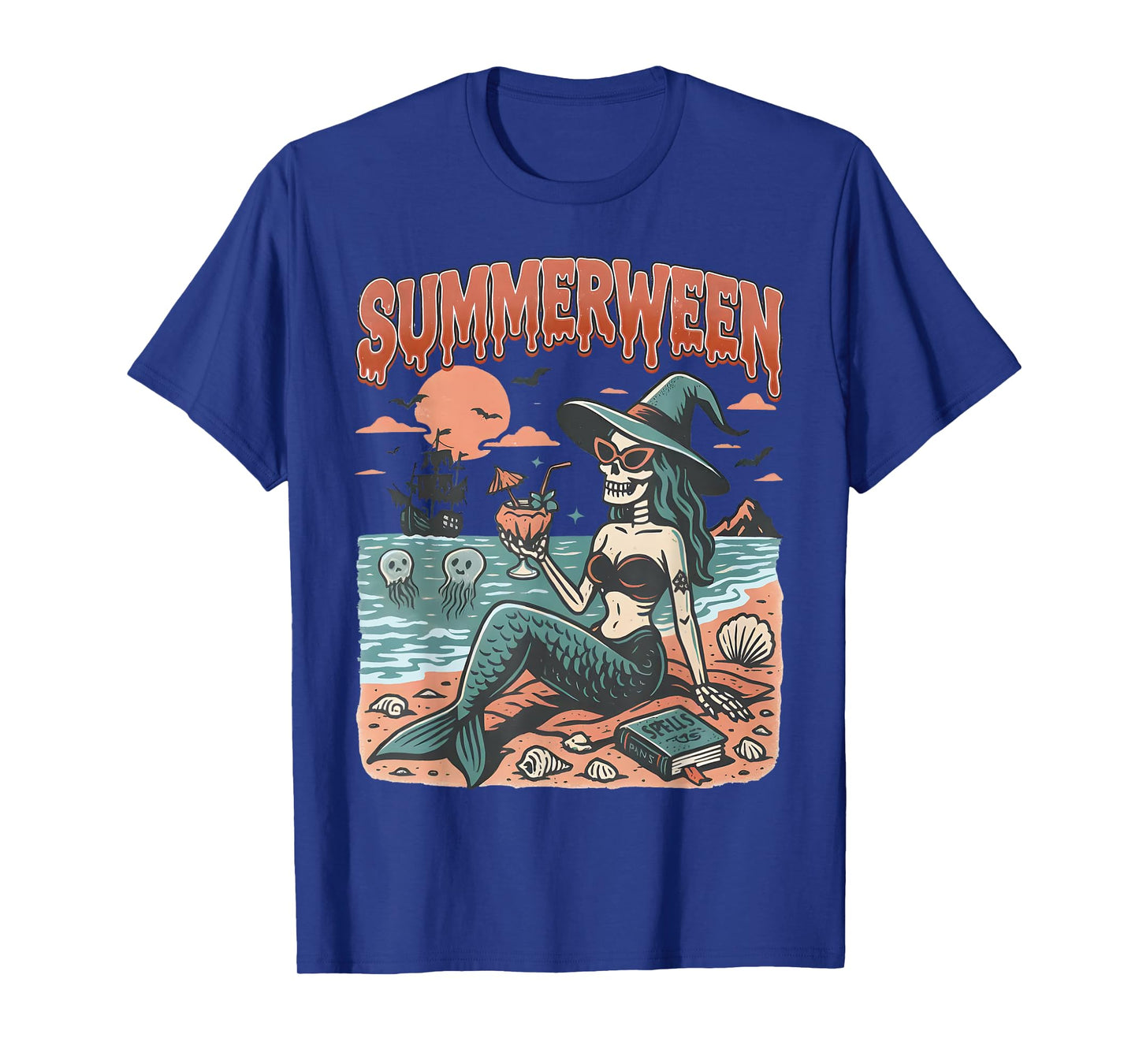 Summerween Mermaid Skeleton Beach Flamingo Halloween Girl T-Shirt