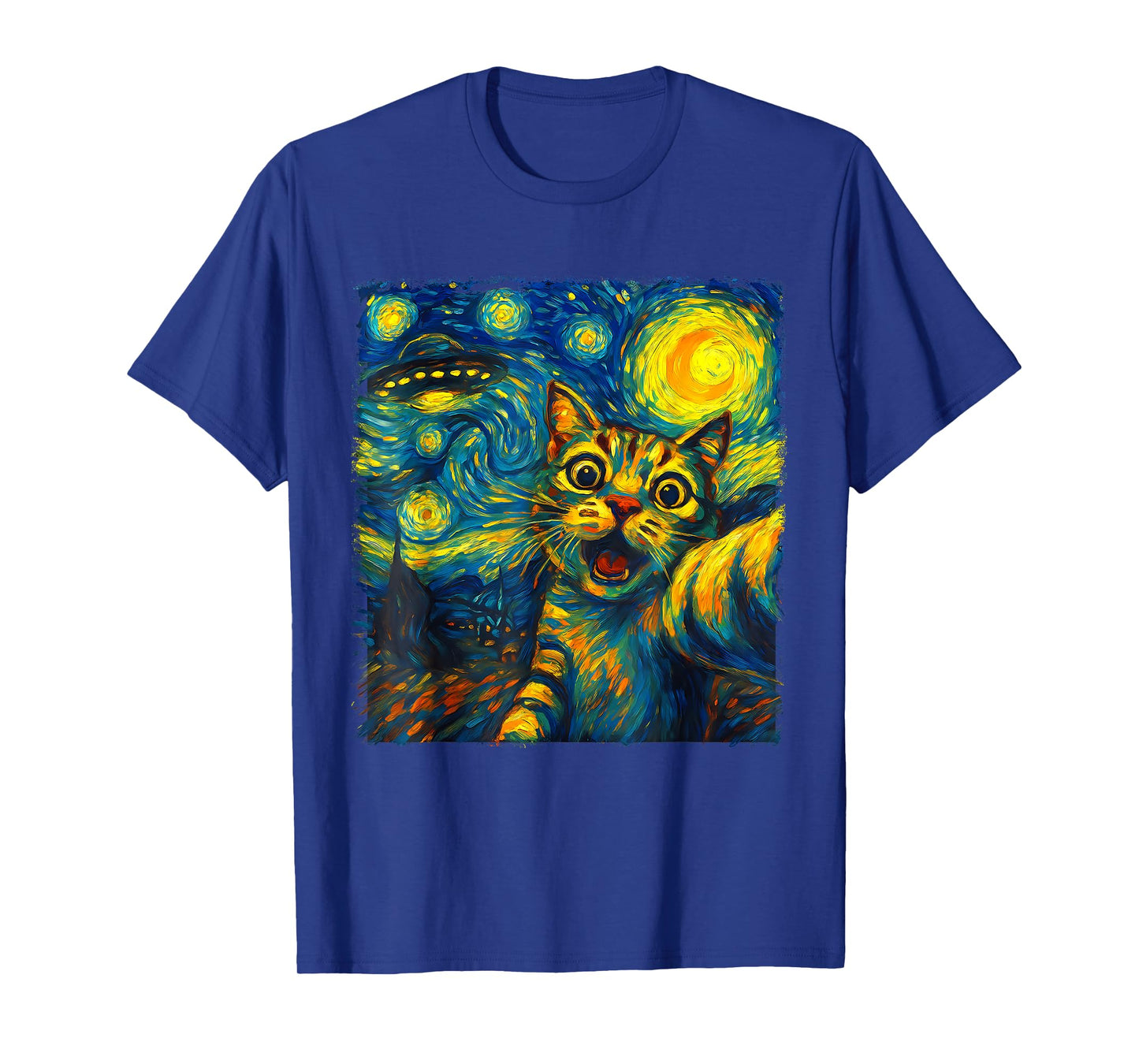 Cat Selfie With Alien UFO Funny Starry Night Van Gogh Men Women Kids T-Shirt