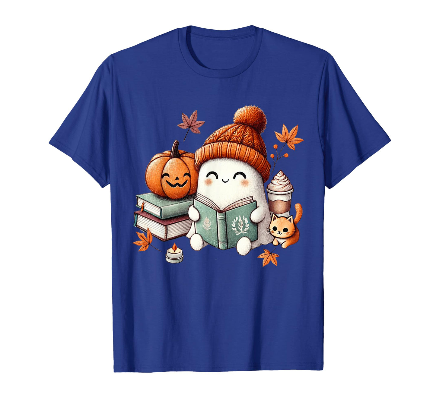 Cute Ghost Cat Reading Book Lovers Halloween Women Girls T-Shirt