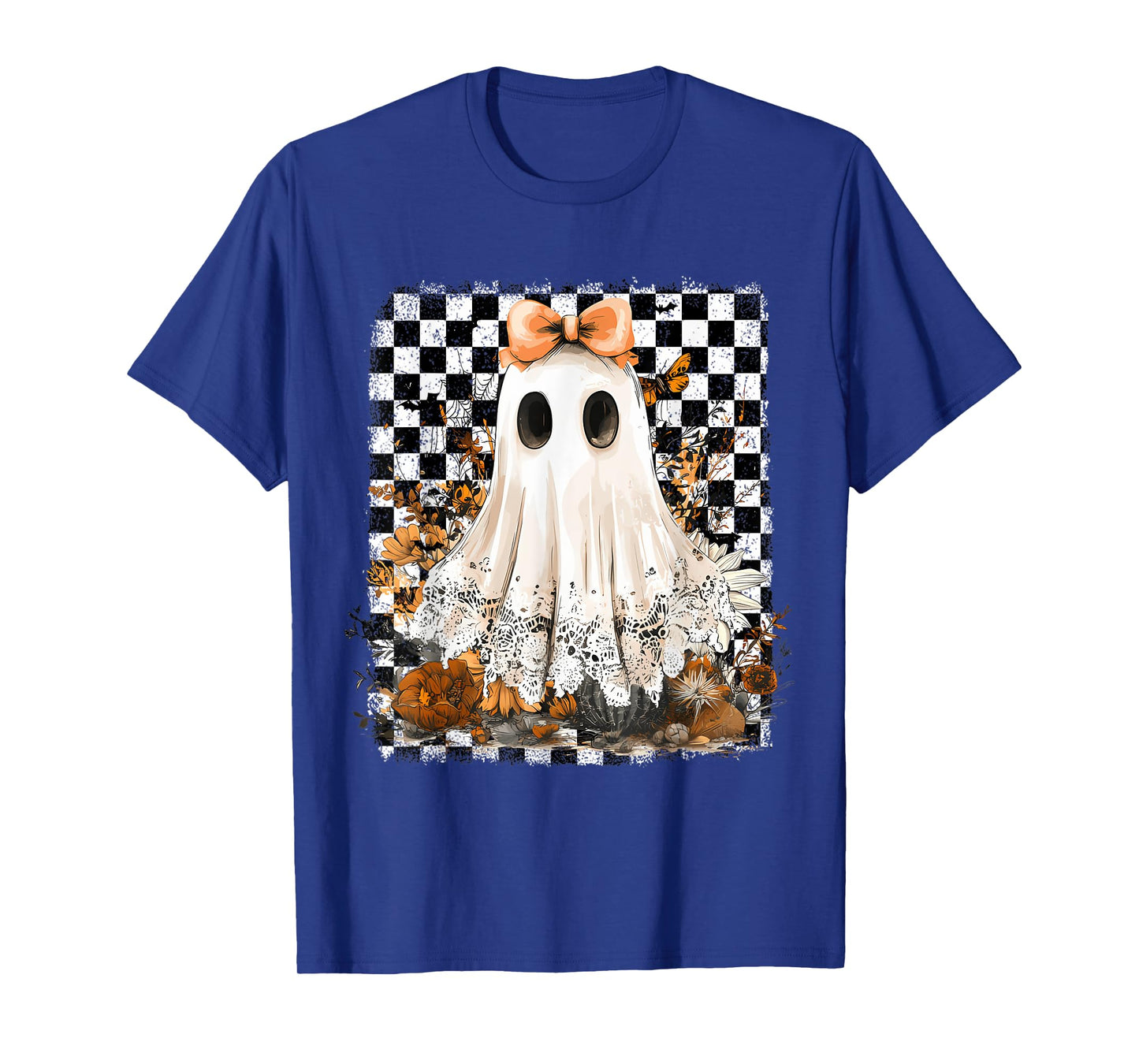 Cute Ghost Floral Lace Checkered Halloween Spooky T-Shirt