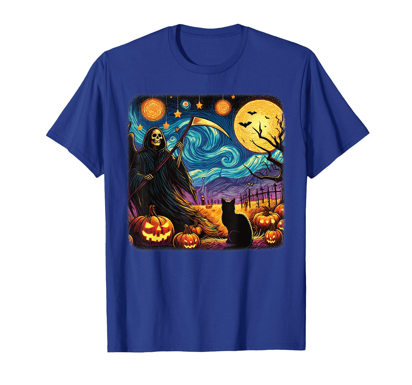 Halloween Van Gogh Starry Night Grim Reaper Pumpkins Cats T-Shirt