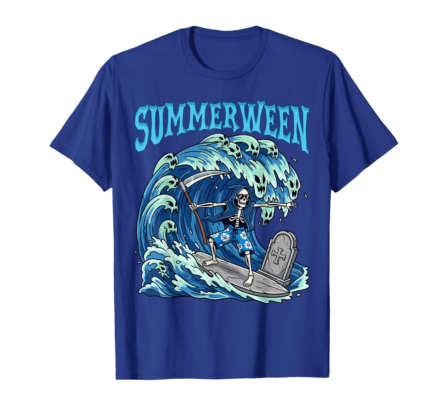 Summerween Skeleton Surf Grim Reaper Beach Spooky Halloween T-Shirt