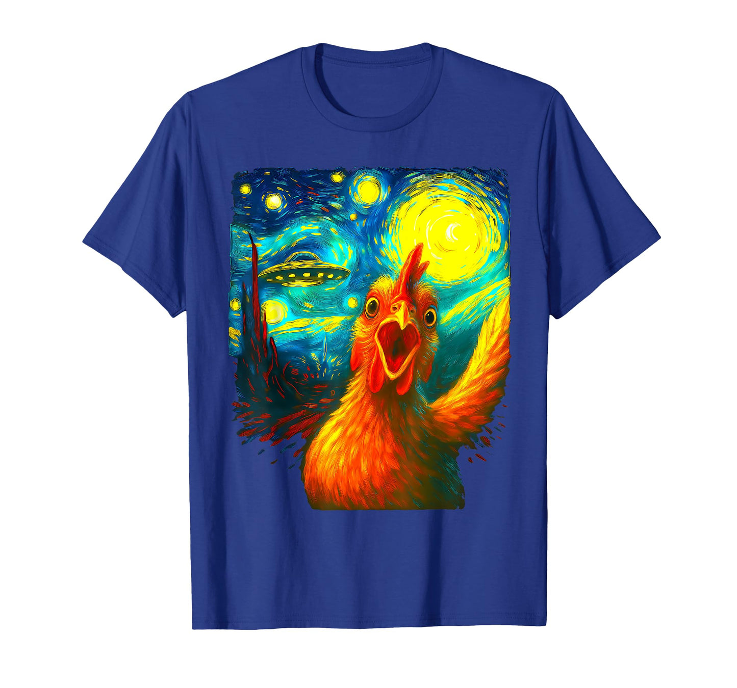 Chicken Selfie With Alien UFO Funny Starry Night Van Gogh T-Shirt