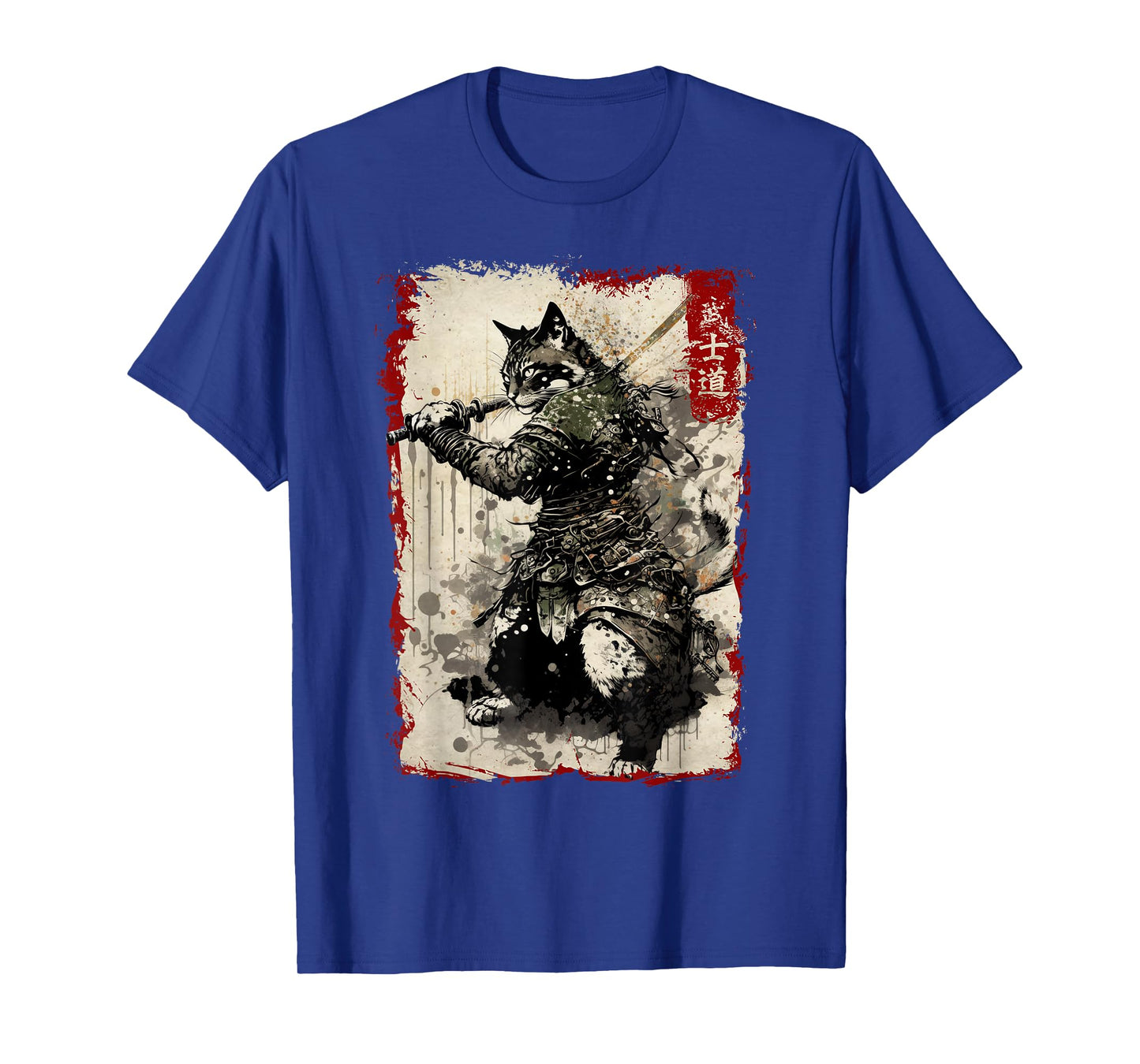 Samurai Cat Graphic Tee Warrior Vintage Japanese Art Anime T-Shirt