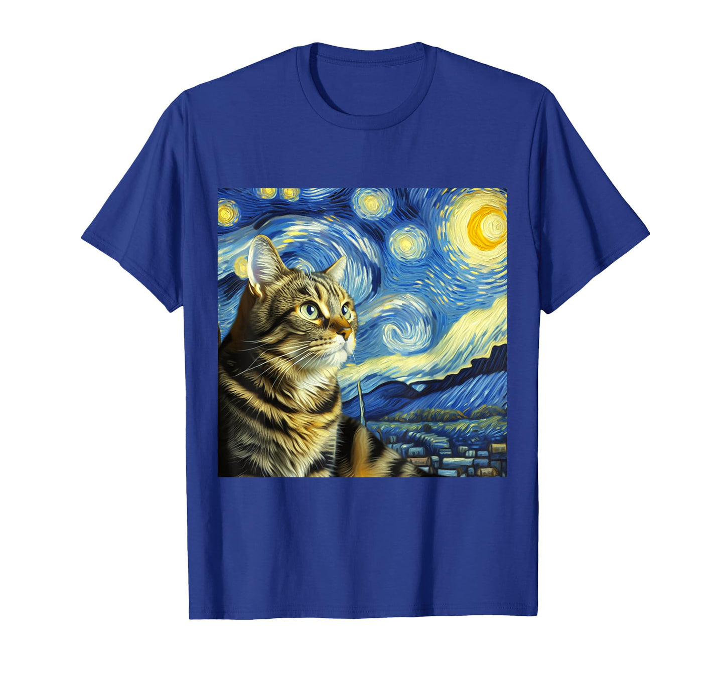 Funny Cat Lover Starry Night Van Gogh Grey Tabby Tiger Cat Men Women Kids T-Shirt