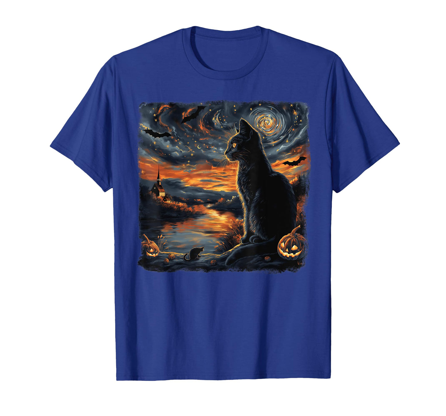 Halloween Van Gogh Starry Night Black Cat Pumpkins Bats Tees T-Shirt for Men Women Kids