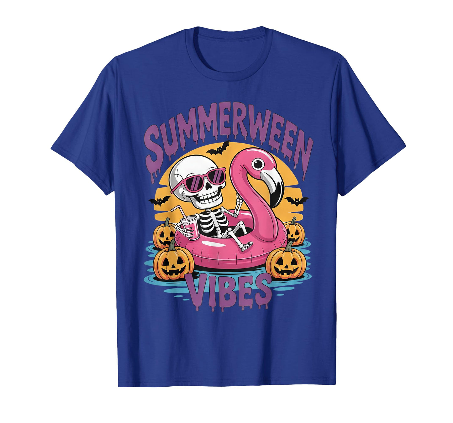 Summerween Vibes Skeleton Flamingo Spooky Halloween Summer T-Shirt