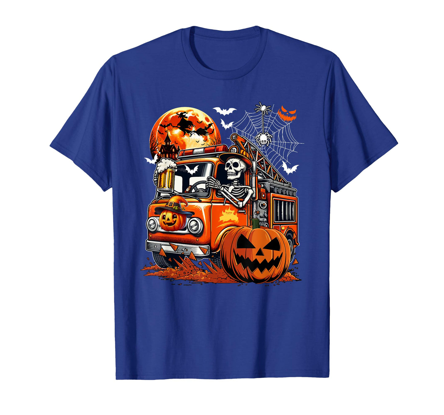 Skeleton Drinking Beer On Fire Truck Halloween Pumpkins T-Shirt