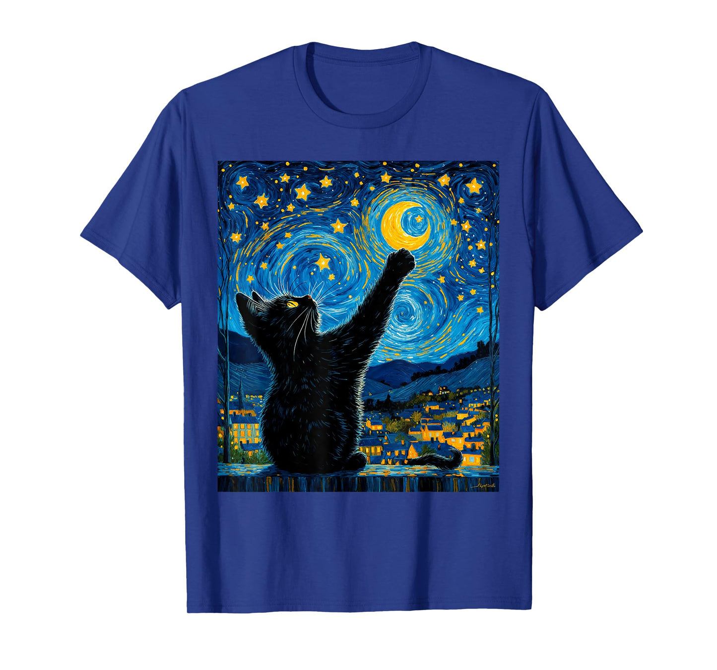 Van Gogh Starry Night Black Cat Moonlit Scene Cat Lovers T-Shirt for Men Women