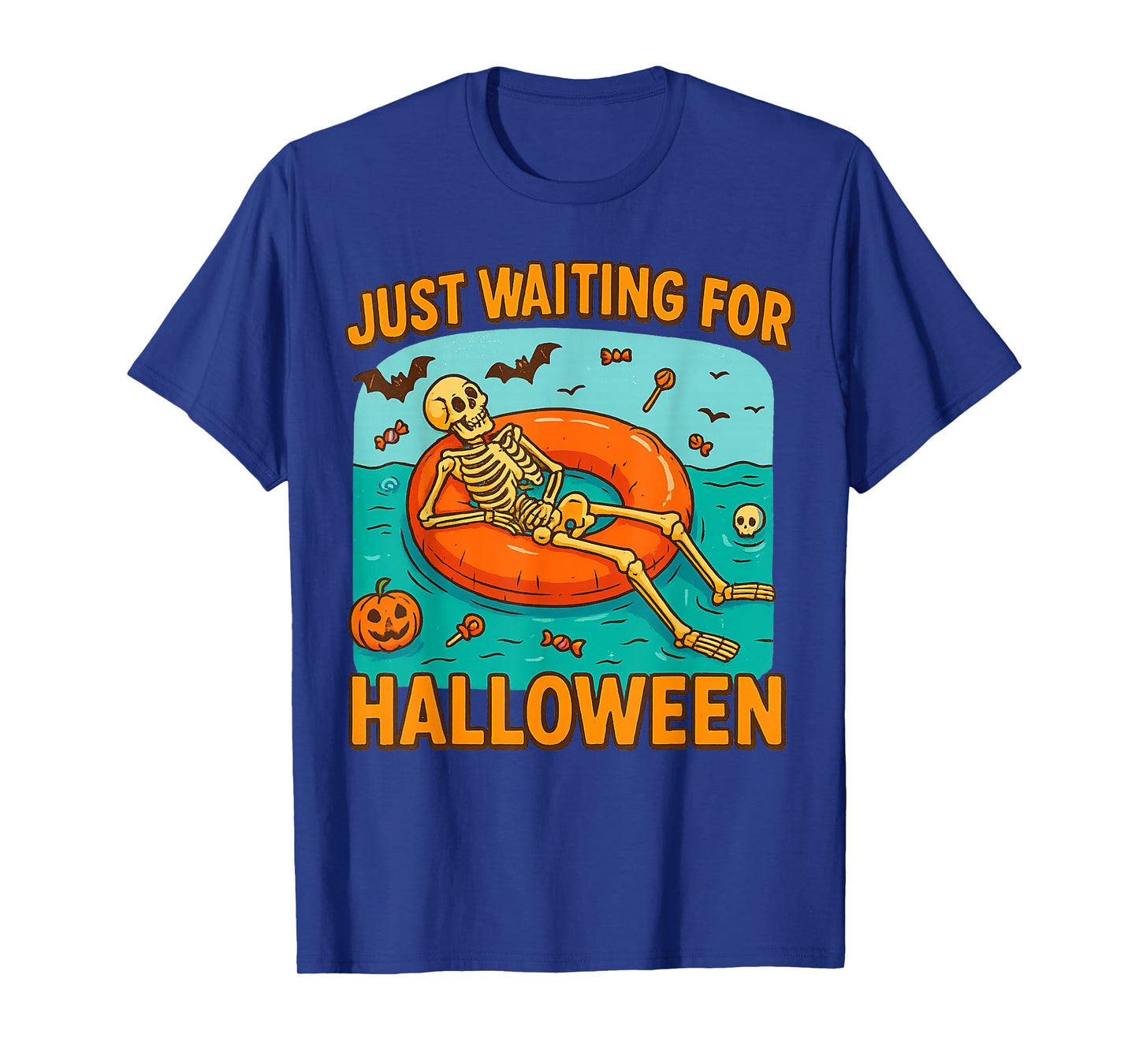 Just Waiting for Halloween Funny Skeleton Floating on Float T-Shirt