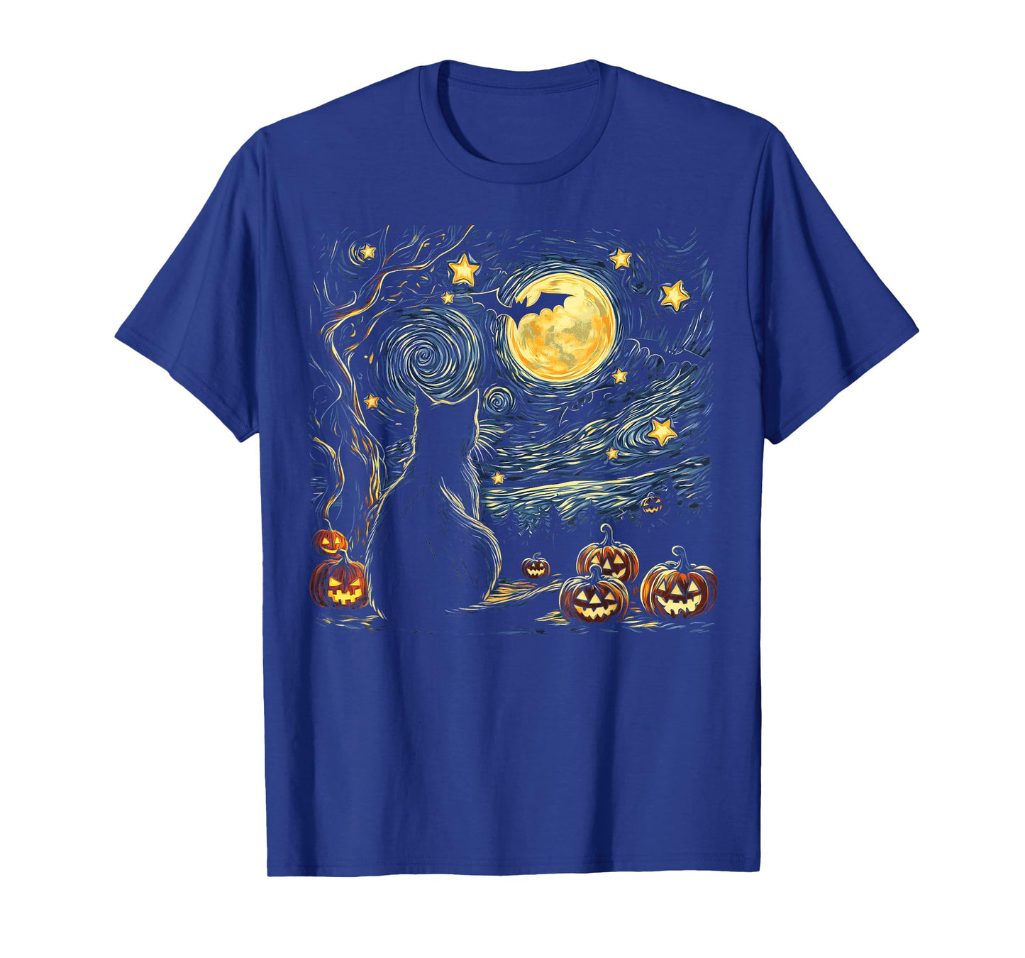 Halloween Van Gogh Starry Night Painting Black Cat Kitten T-Shirt for Men Women Kids