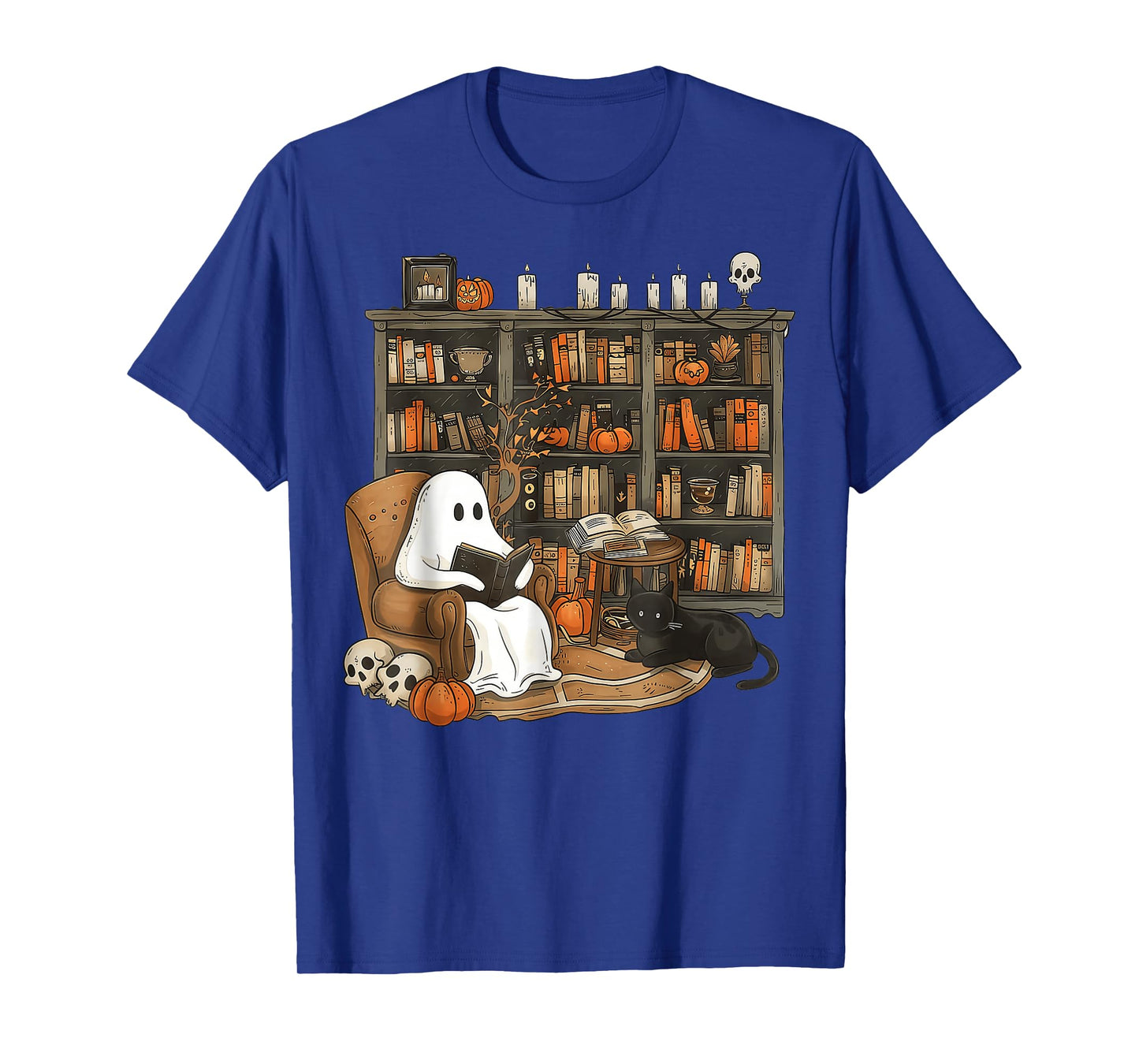 Retro Ghost Reading Books cat, Librarian Ghost Halloween T-Shirt