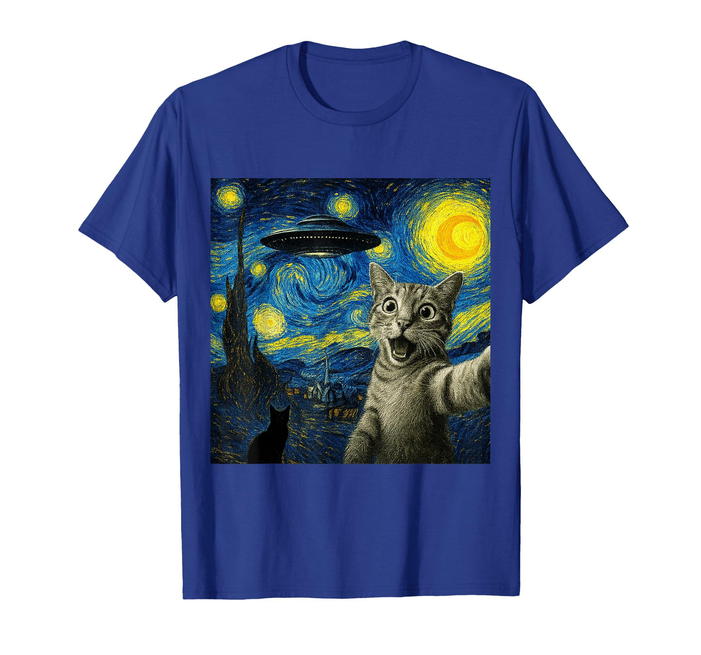 Cat Selfie With Alien UFO Cat Starry Night Van Gogh Women T-Shirt