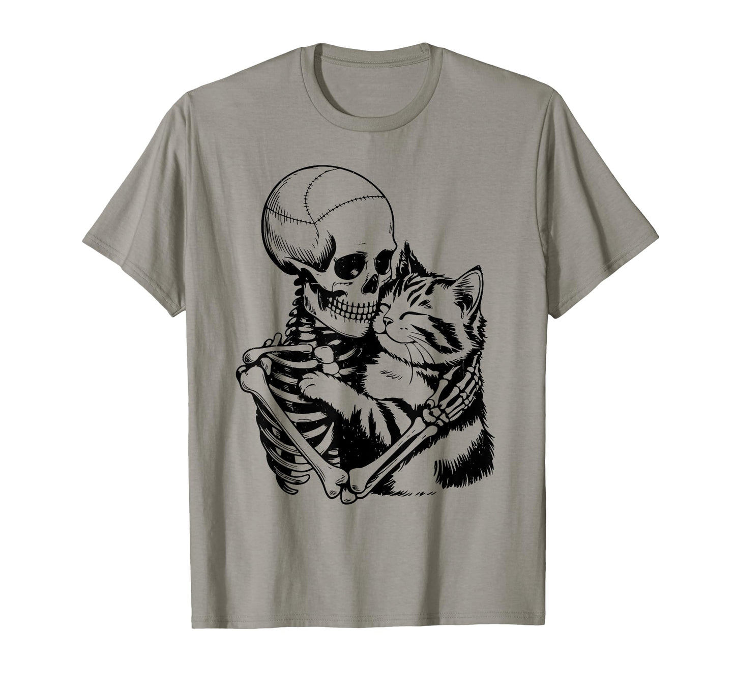 Skeleton Hugging Tabby Cat Halloween Mom Daddy Funny Vintage T-Shirt