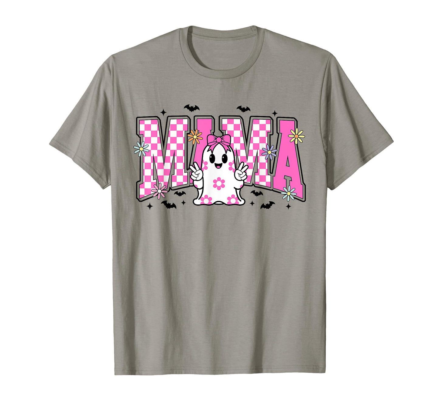 Halloween Mama Ghost Spooky Coquette Bow Pink Checkered T-Shirt