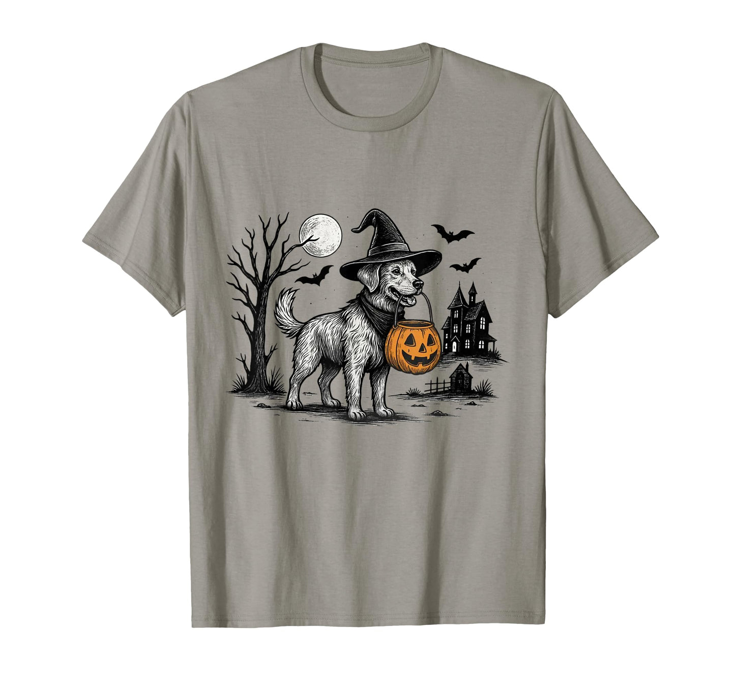 Witch Dog With Pumpkin Basket Halloween Dog Lover T-Shirt