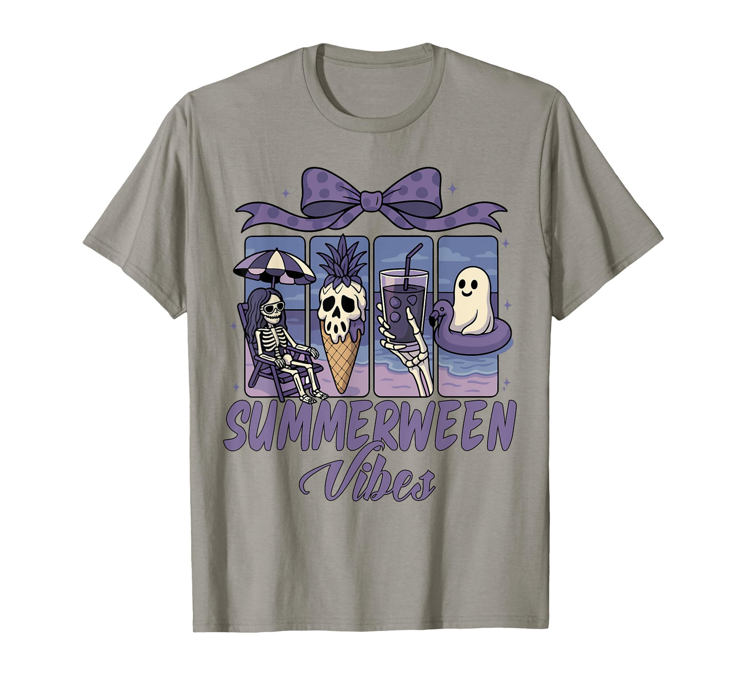 Summerween Vibes Skeleton Ghost Beach Party Halloween Bow T-Shirt