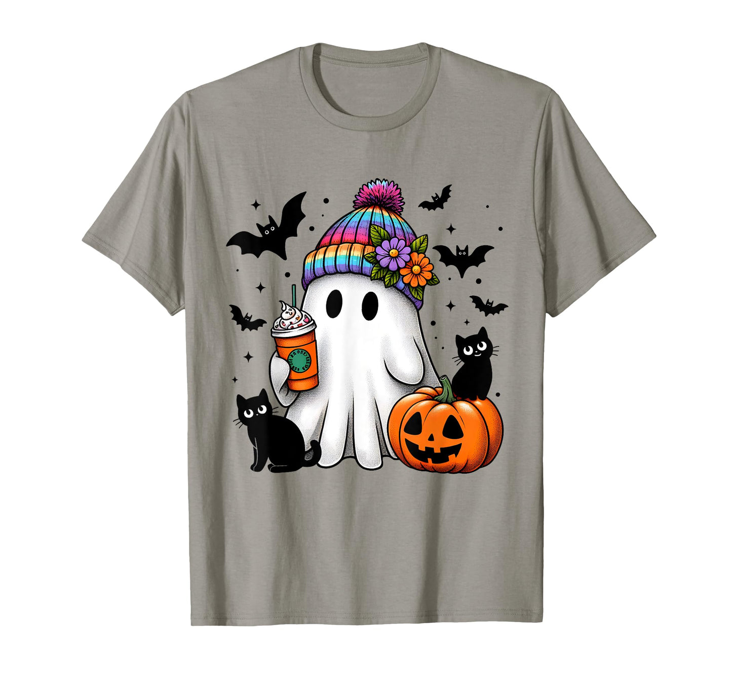 Cute Ghost Drinking Coffee Black Cat Ghost Pumpkin Halloween Men Women Kids T-Shirt