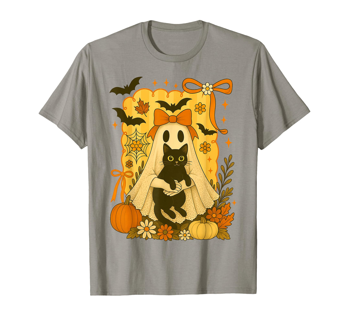 HUGvyn Halloween: Coquette Lace Ghost Holding Black Cat Fall Men Women Kids T-Shirt