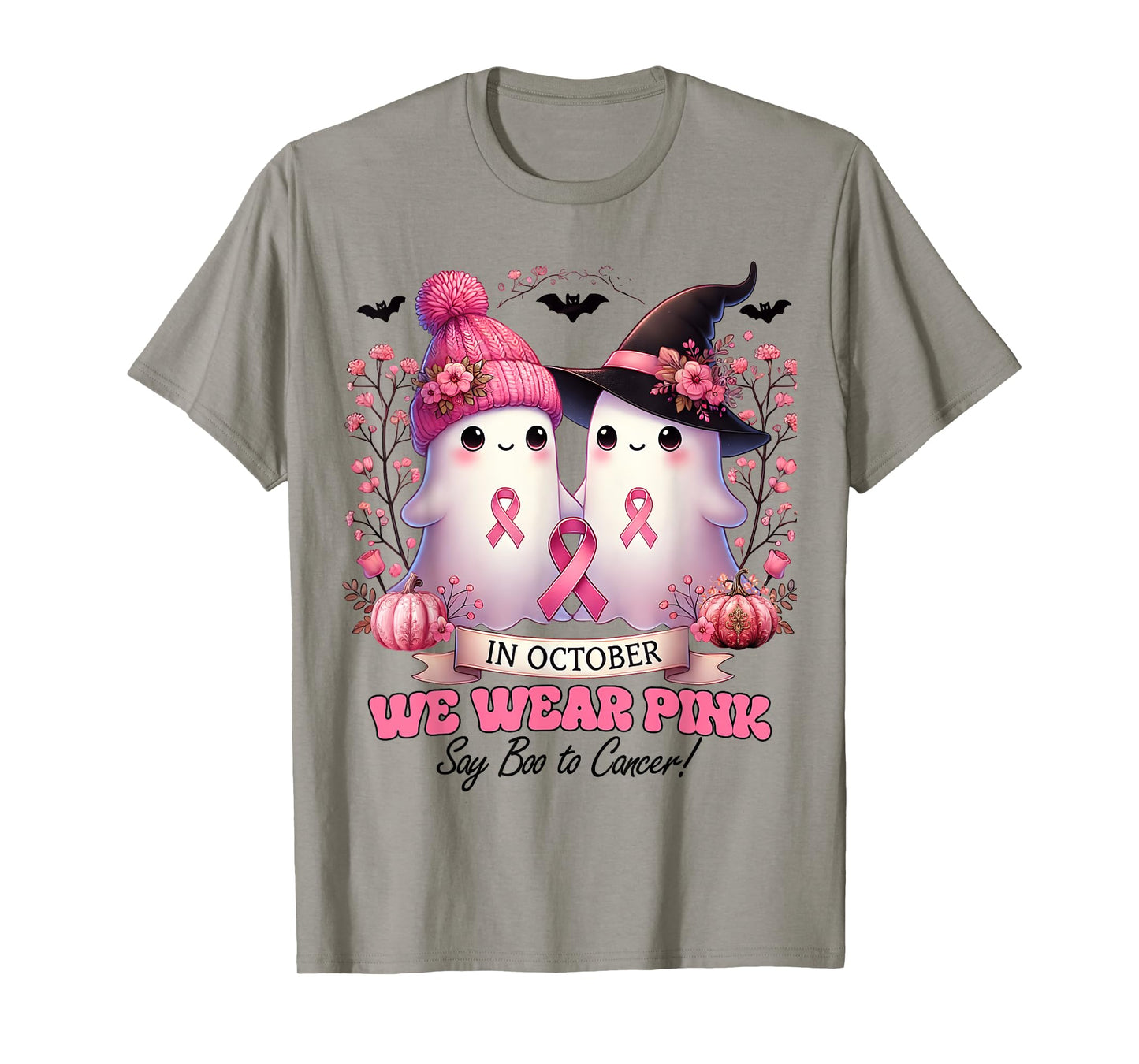 In October We Wear Pink Witch Ghost Pumpkin Breast Cancer T-Shirt