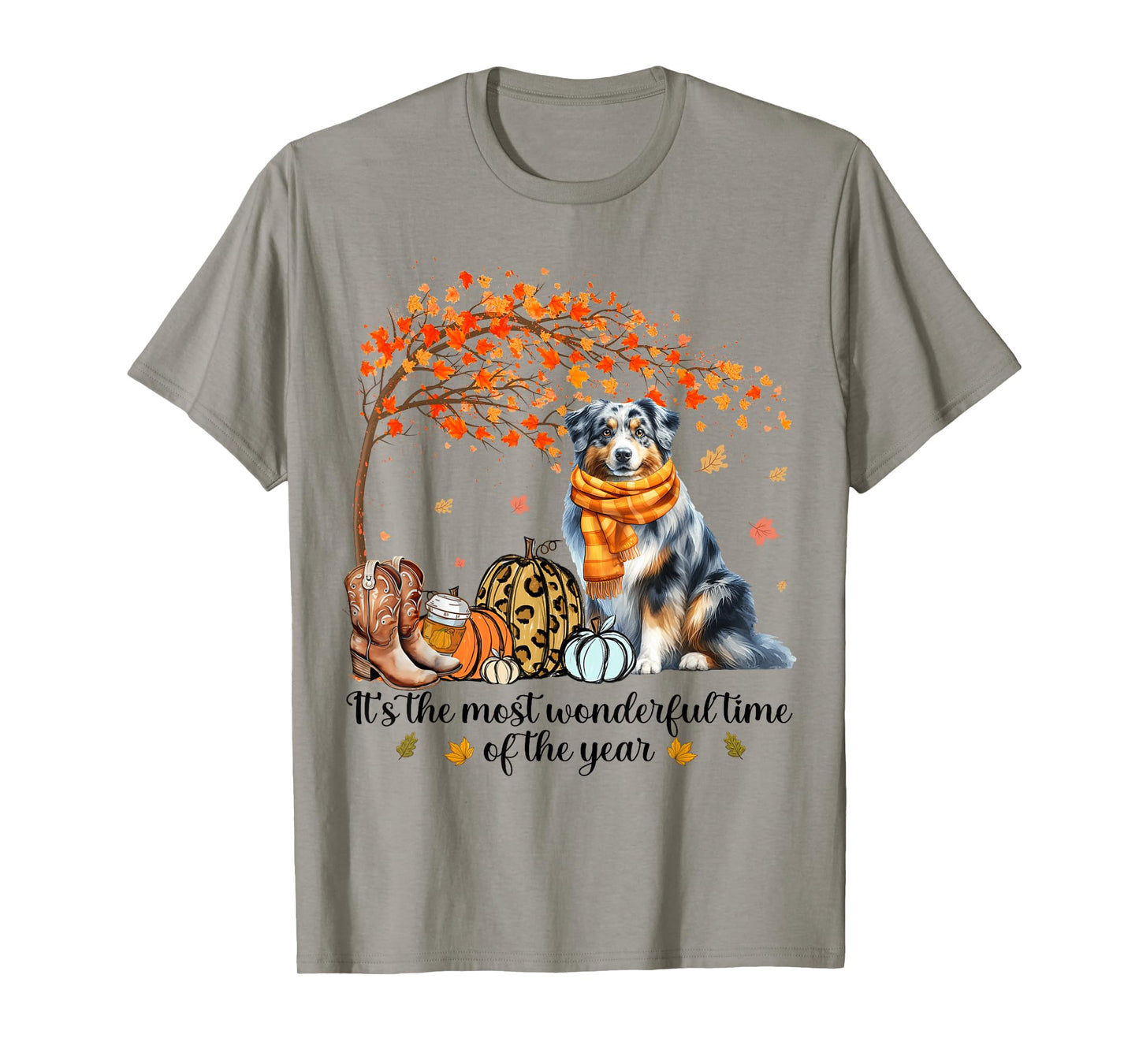 Fall Maple Tree Print Dog Lover Happy Thanksgiving Australian Shepherd Autumn Fall T-Shirt