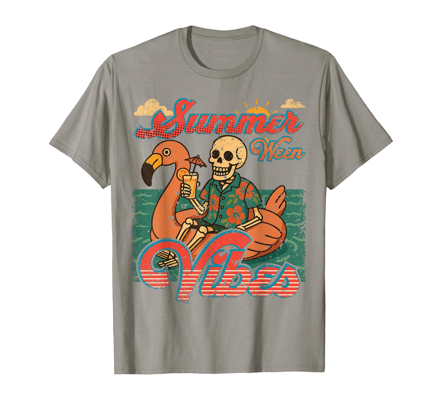 Summerween Vibes Skeleton Flamingo Float Summer Halloween T-Shirt