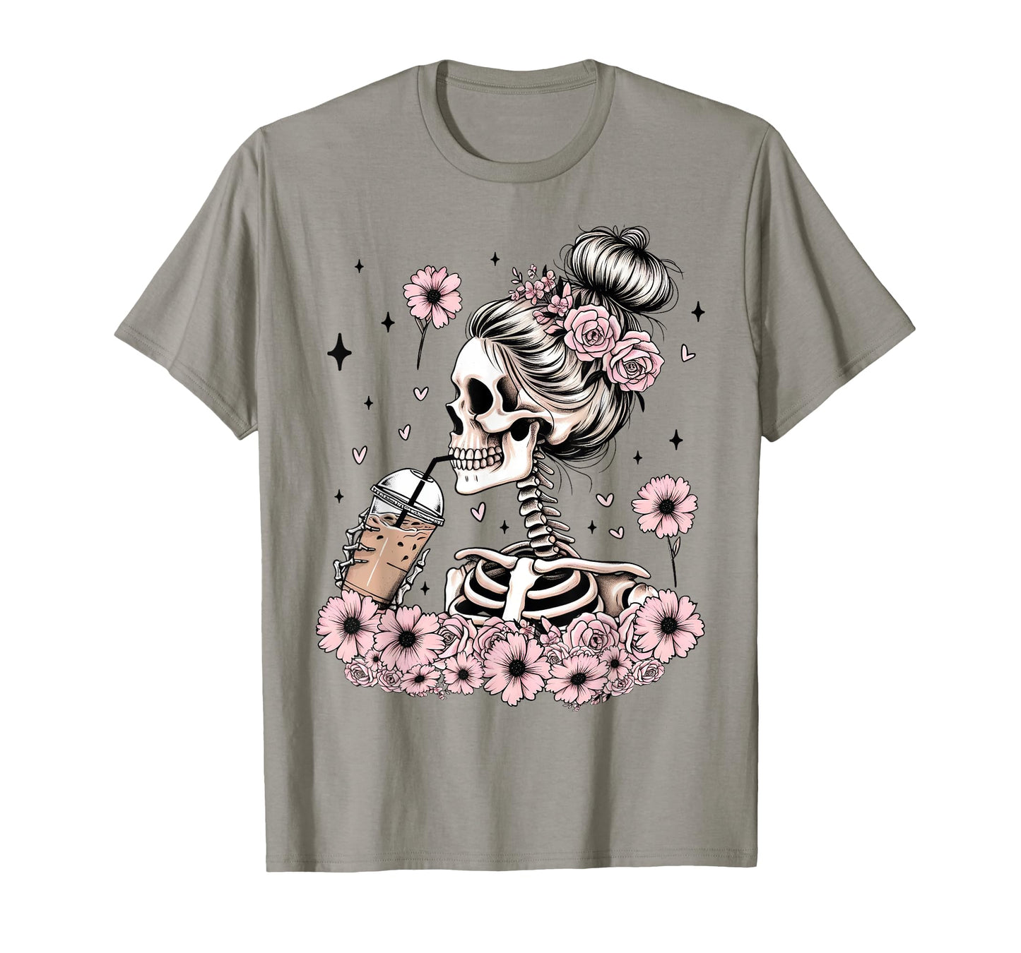 Skeleton Messy Bun Funny Costume Mom Women Halloween T-Shirt