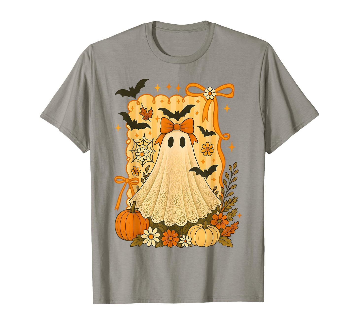 HUGvyn Halloween: Girls Ghost Lace Bow Floral Ghost Spooky T-Shirt