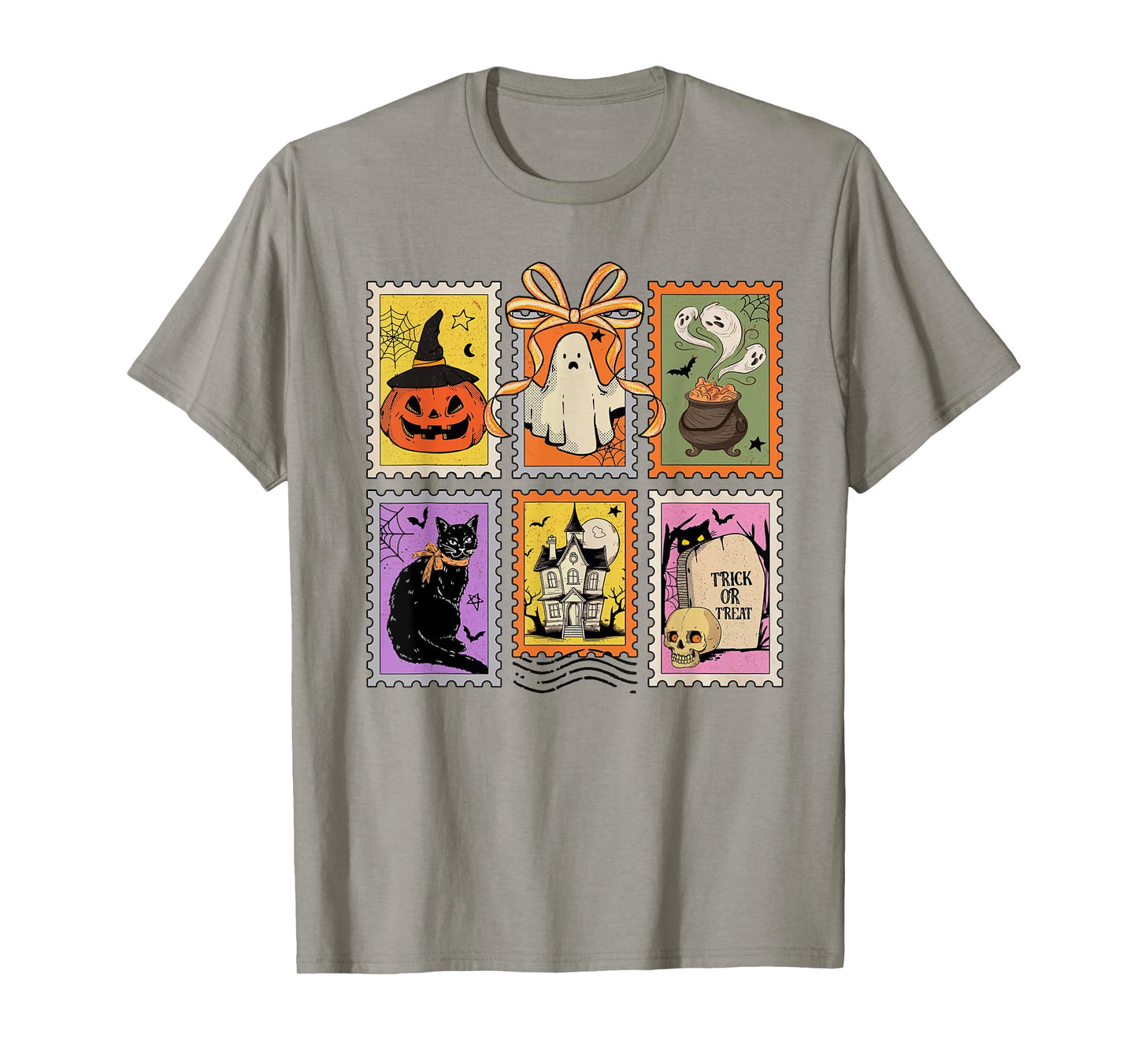 Halloween Stamp Spooky Ghost Boo Pumpkin Coquette Bow Retro T-Shirt