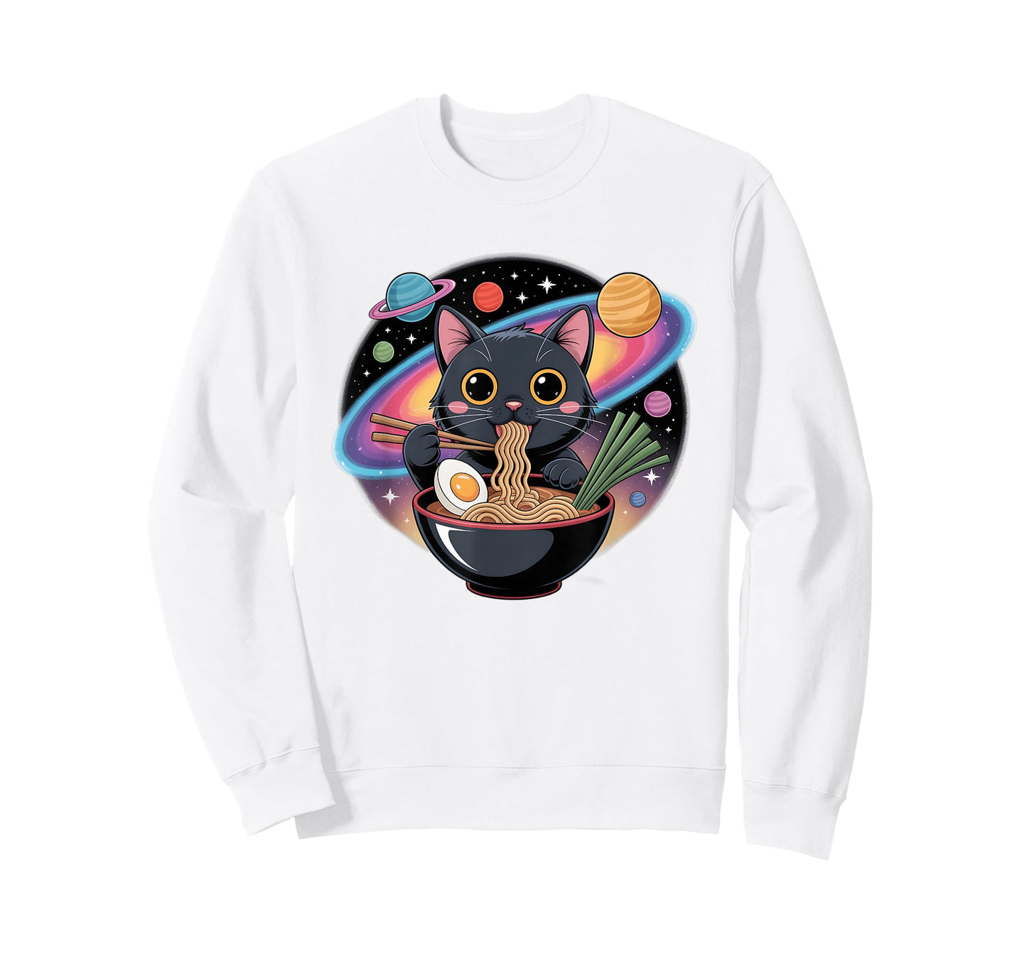 Cute Black Cat Eating Ramen in Space with Planets T-Shirt