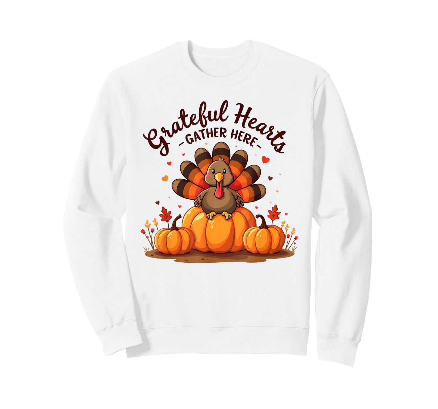 Grateful Hearts Gather Here Cute Thanksgiving Turkey Pumpkin T-Shirt