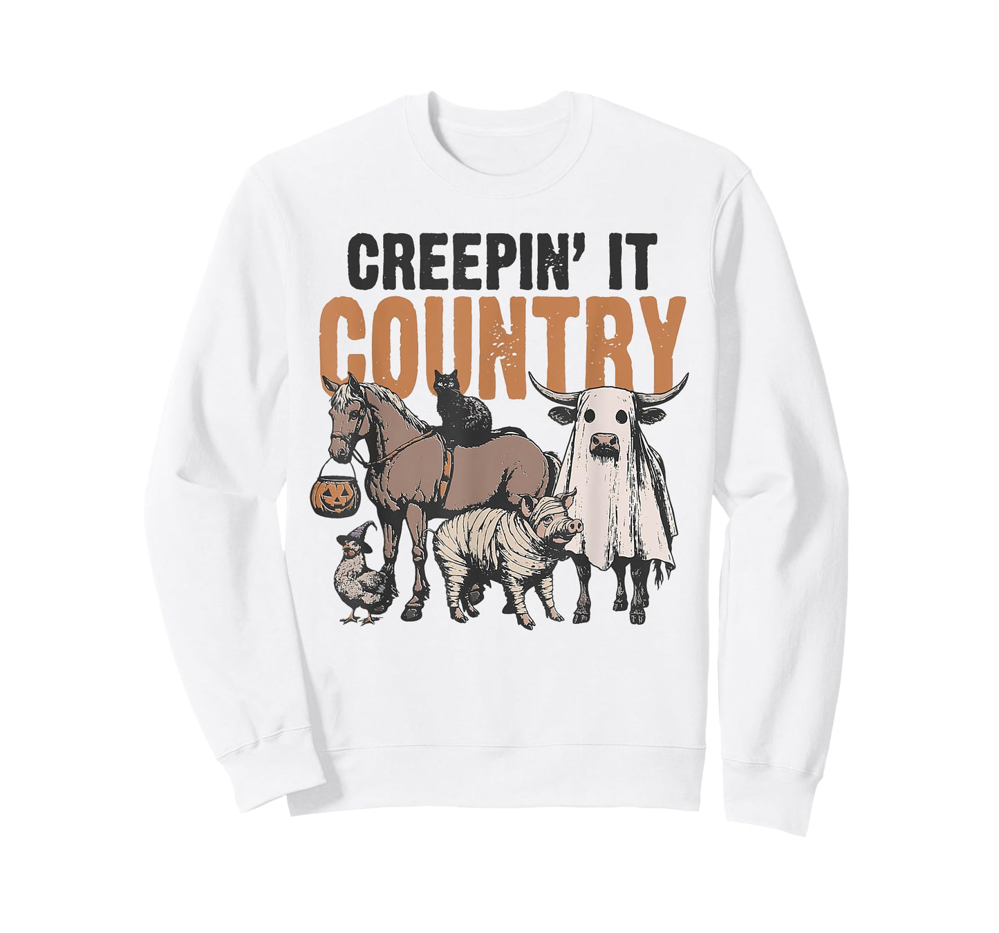 Creepin' It Country Halloween Farm Animal Cow Black Cat Pig T-Shirt
