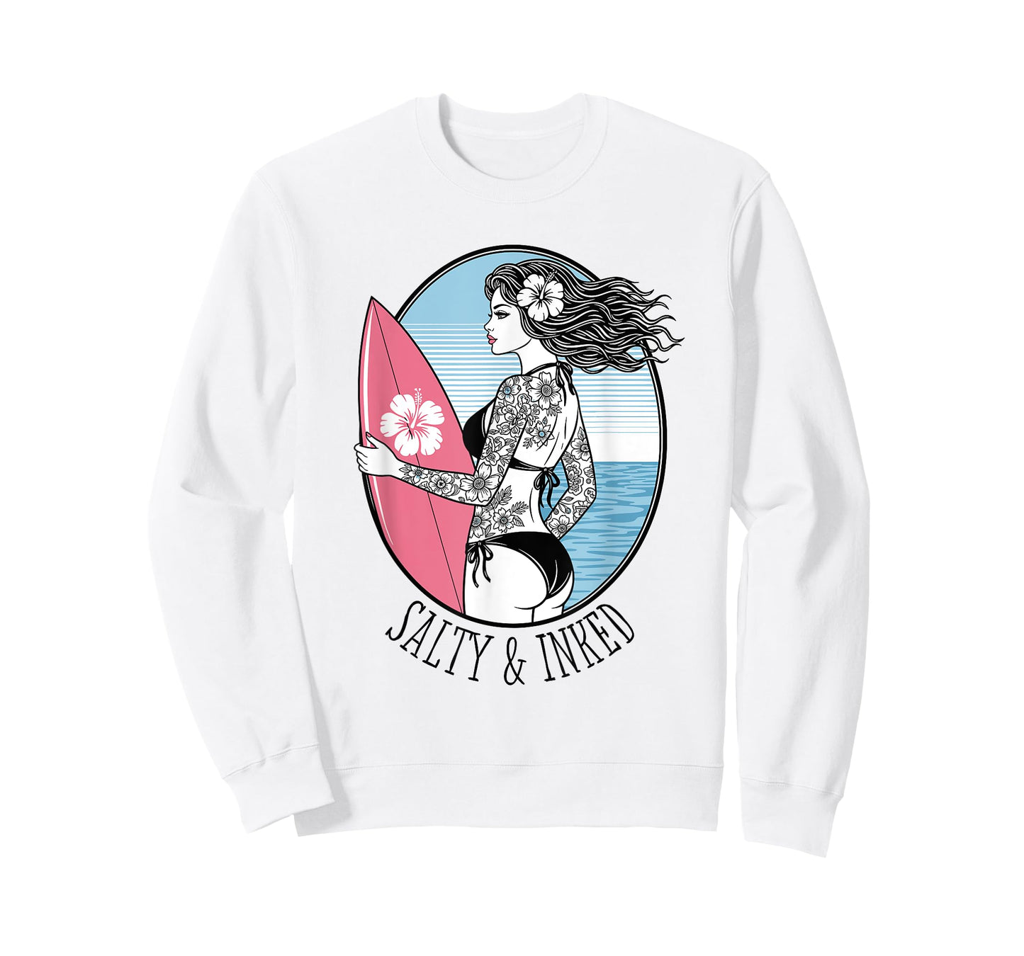 Salty & Inked Tattooed Girl Surfer Vintage Pin-Up Tattoo Art T-Shirt