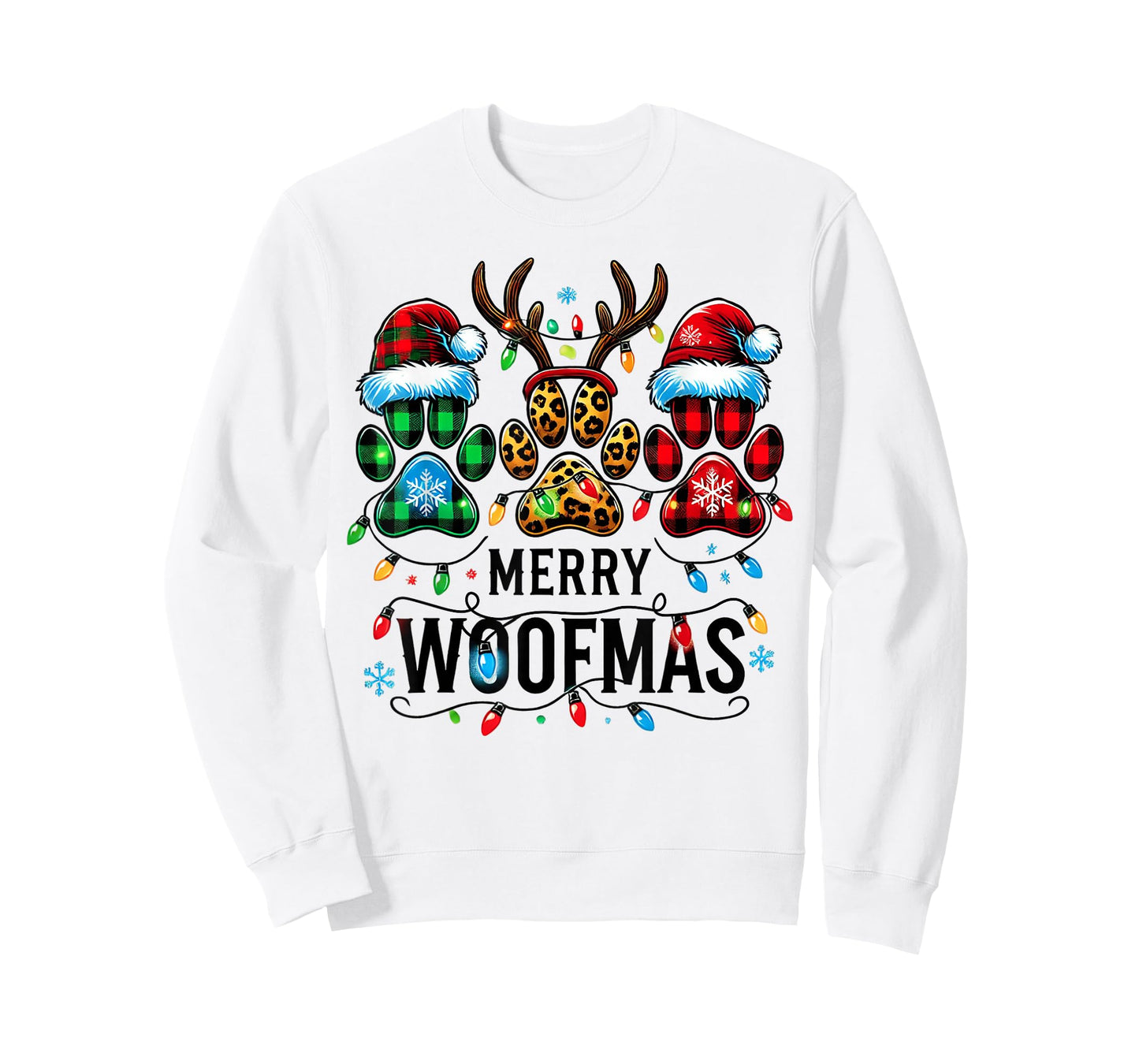 Merry Woofmas Christmas Dog Paws Lights Buffalo Plaid Women T-Shirt