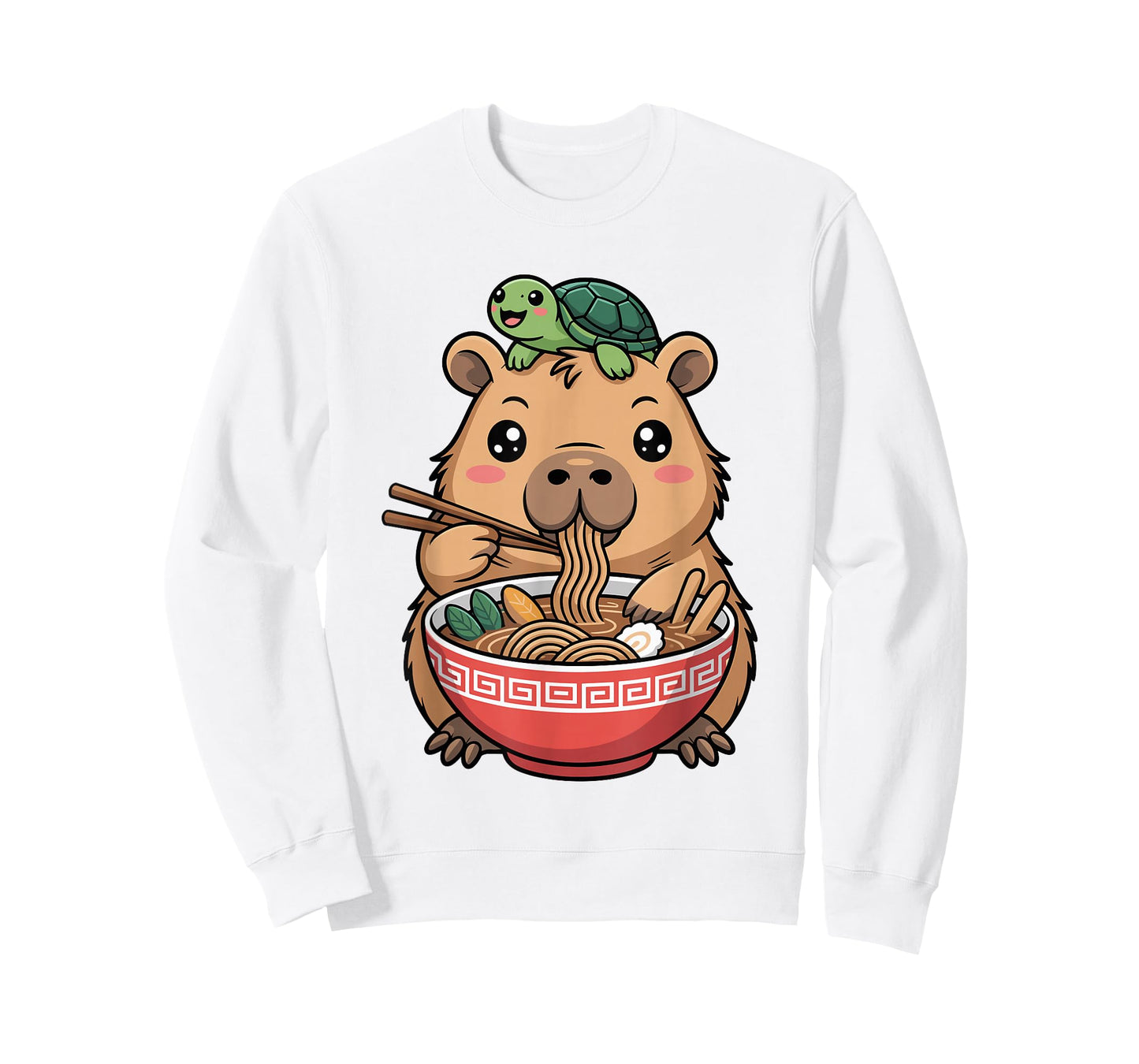 Cute Kawaii Capybara Eating Noodles with Turtle on Head T-Shirt