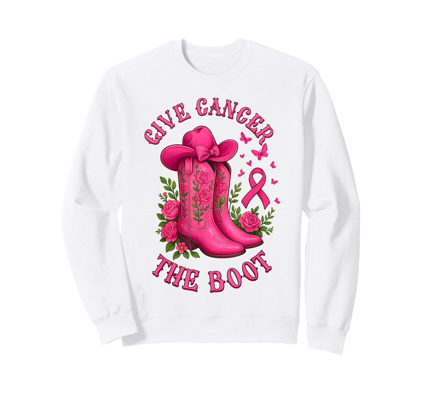 Give Cancer The Boot Cowgirl Cancer Awareness Pink Ribbon T-Shirt